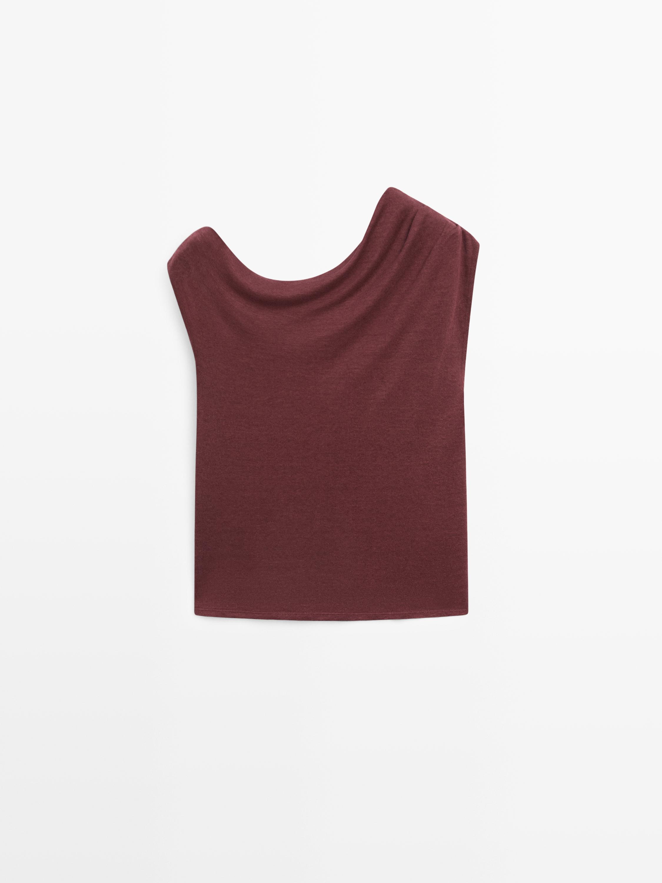 Asymmetric linen blend top with draped detail — BURGUNDY