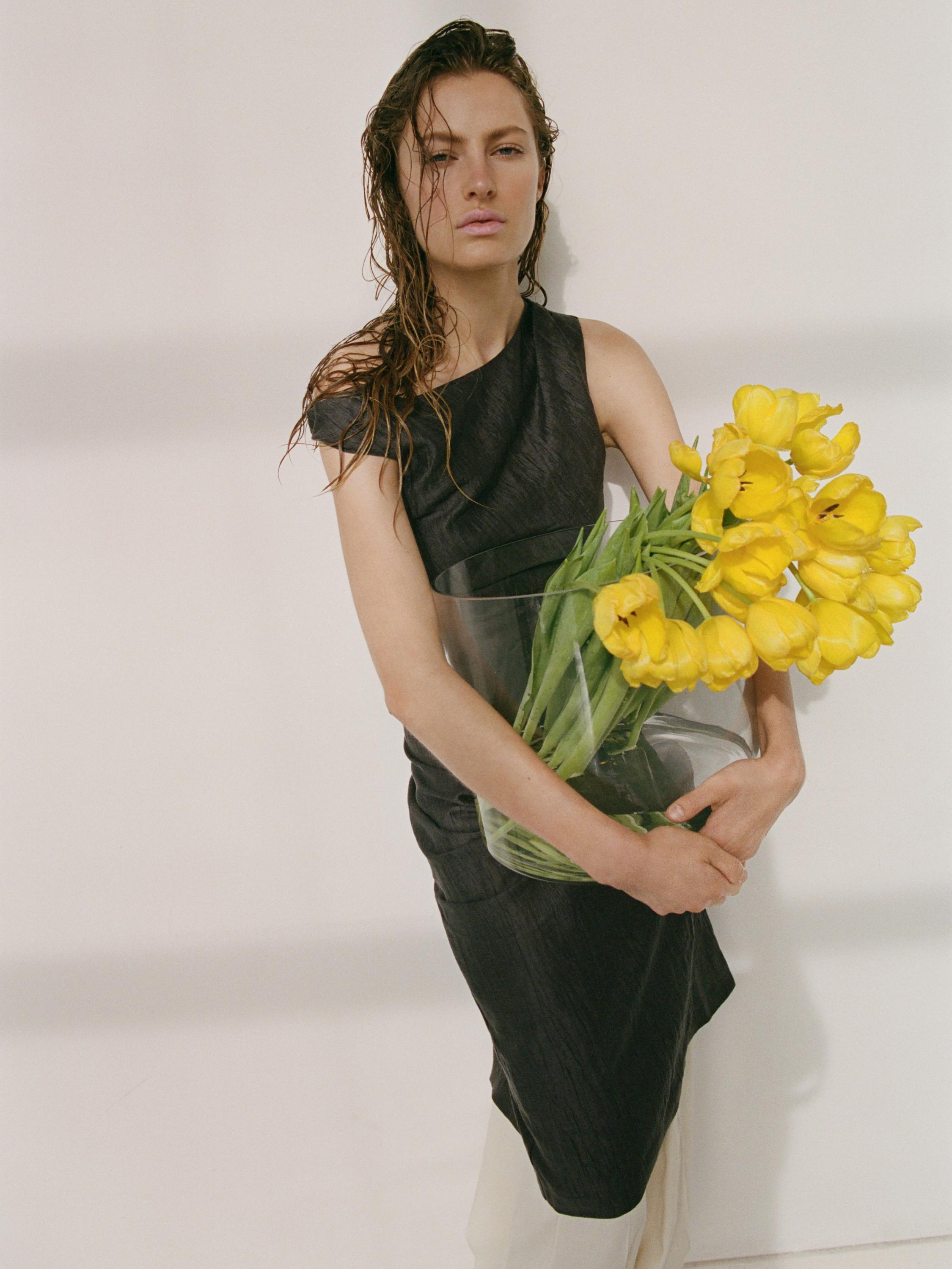 Midi dress with pleated shoulder detail — DARK GREY