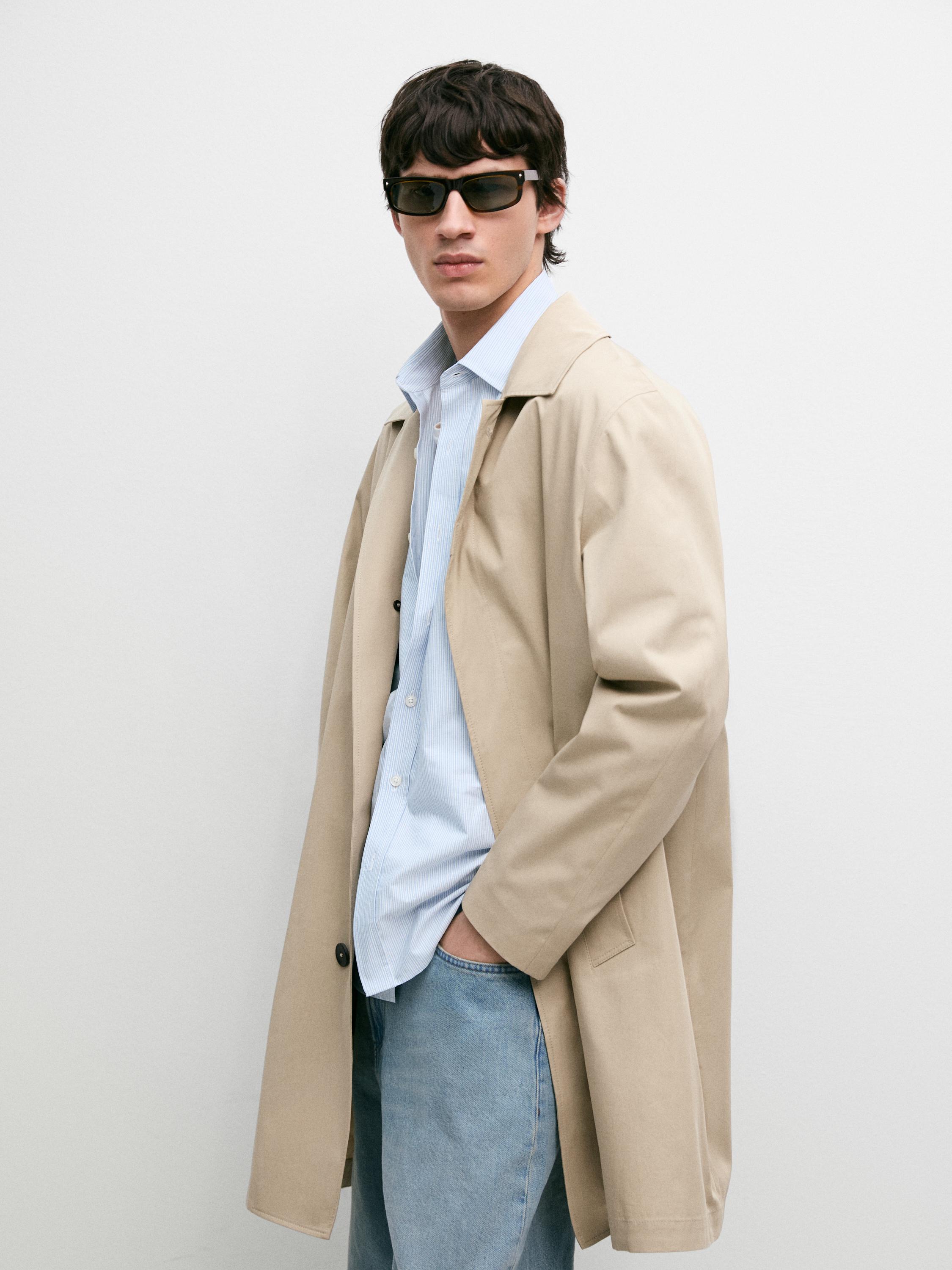 Check cotton trench coat with interior detail — BEIGE