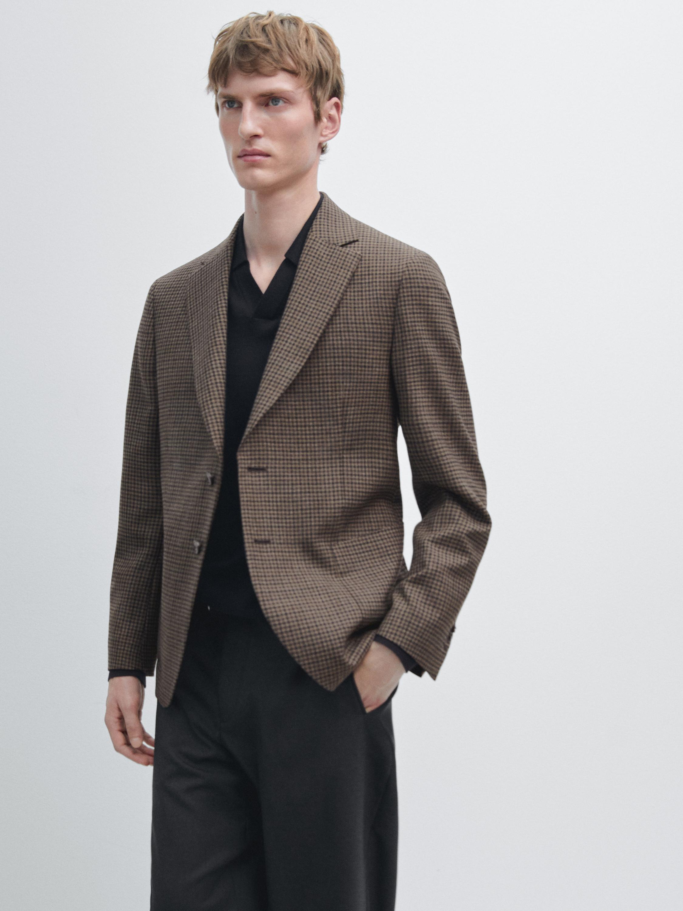 100% wool tailored check blazer — BROWN