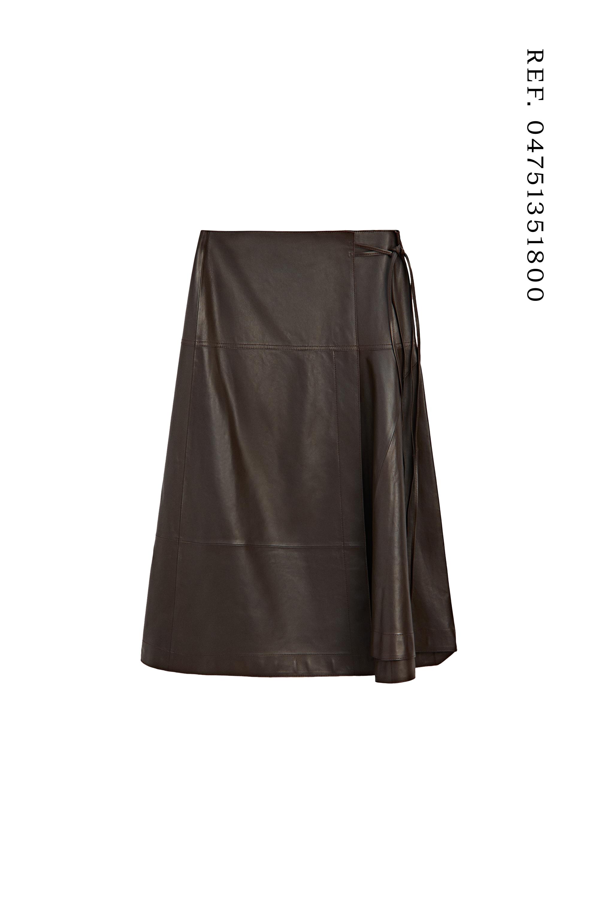 Nappa leather midi skirt with tie detail — BROWN