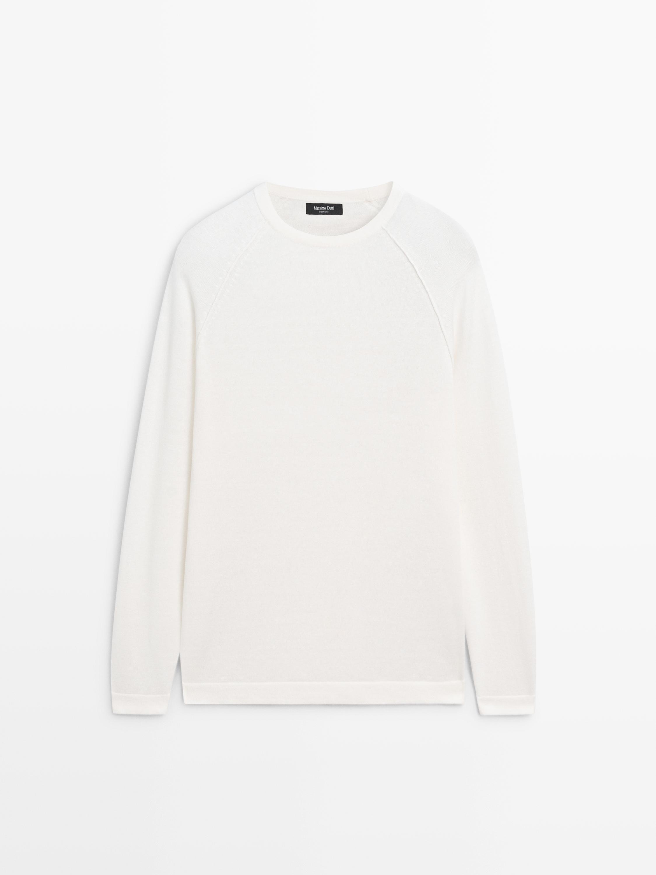 Linen blend knit crew neck sweater — CREAM