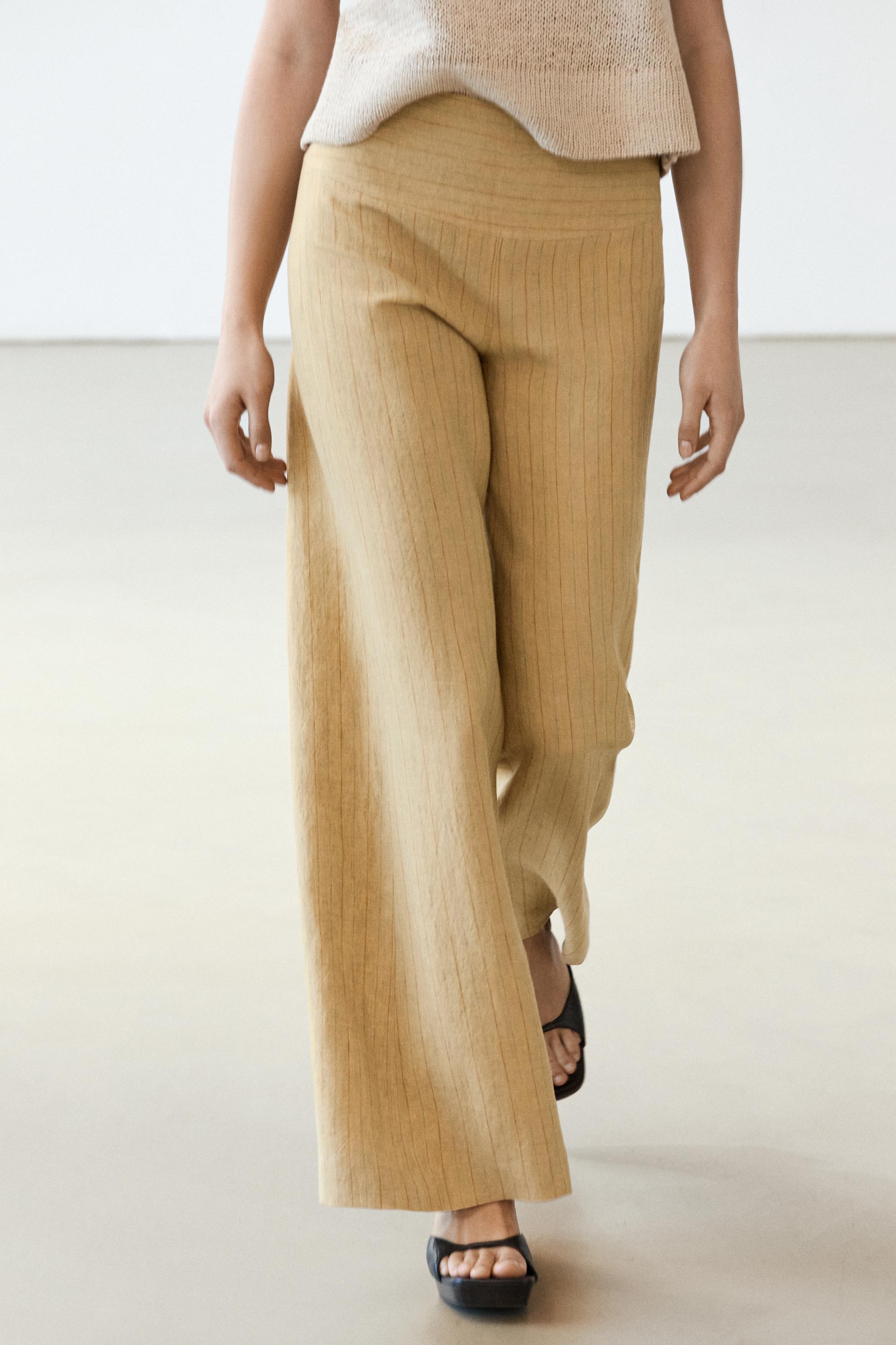 100% linen mid-waist flare pants — SAND