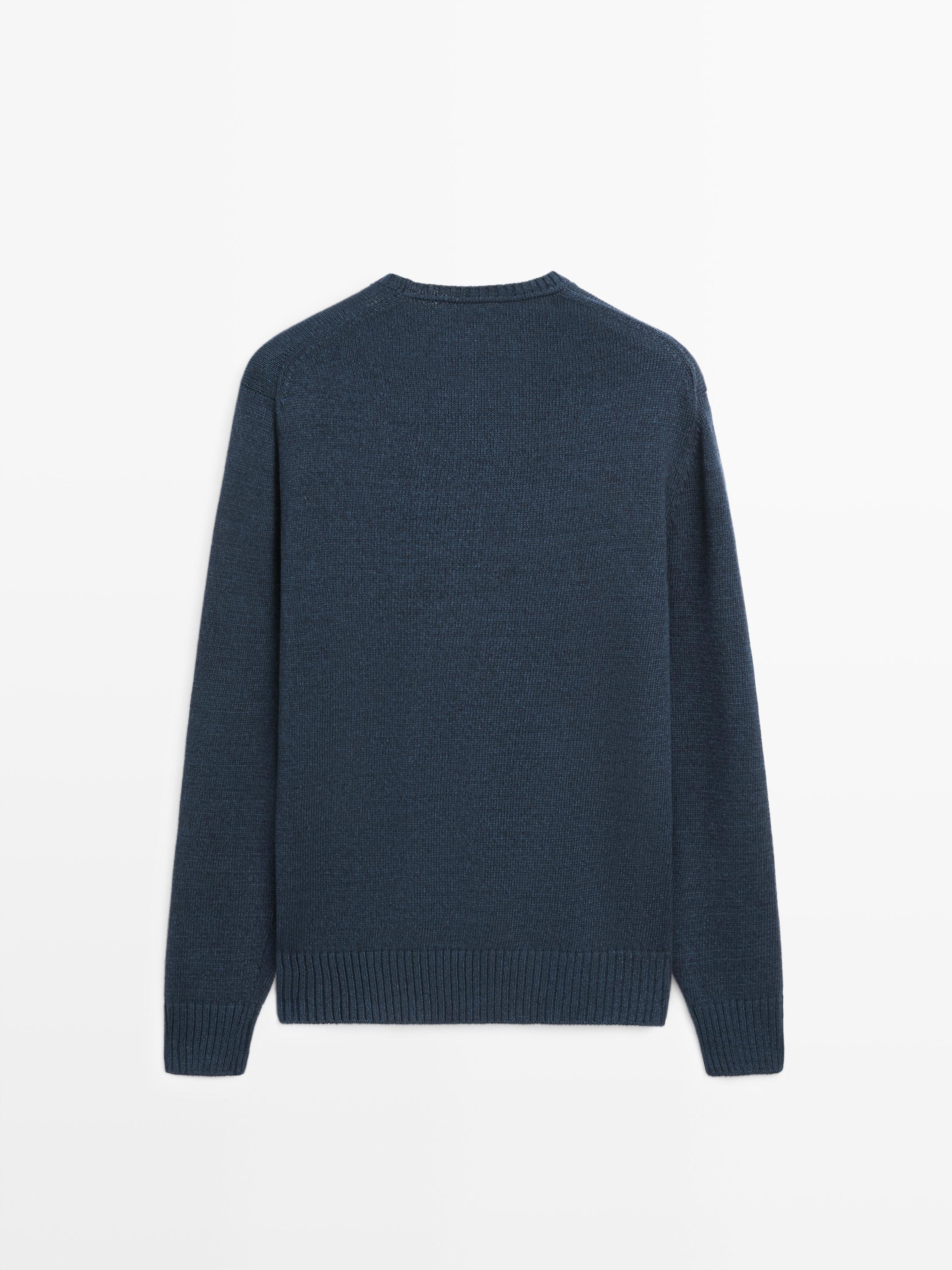 Denim-effect crew neck knit sweater — NAVY BLUE