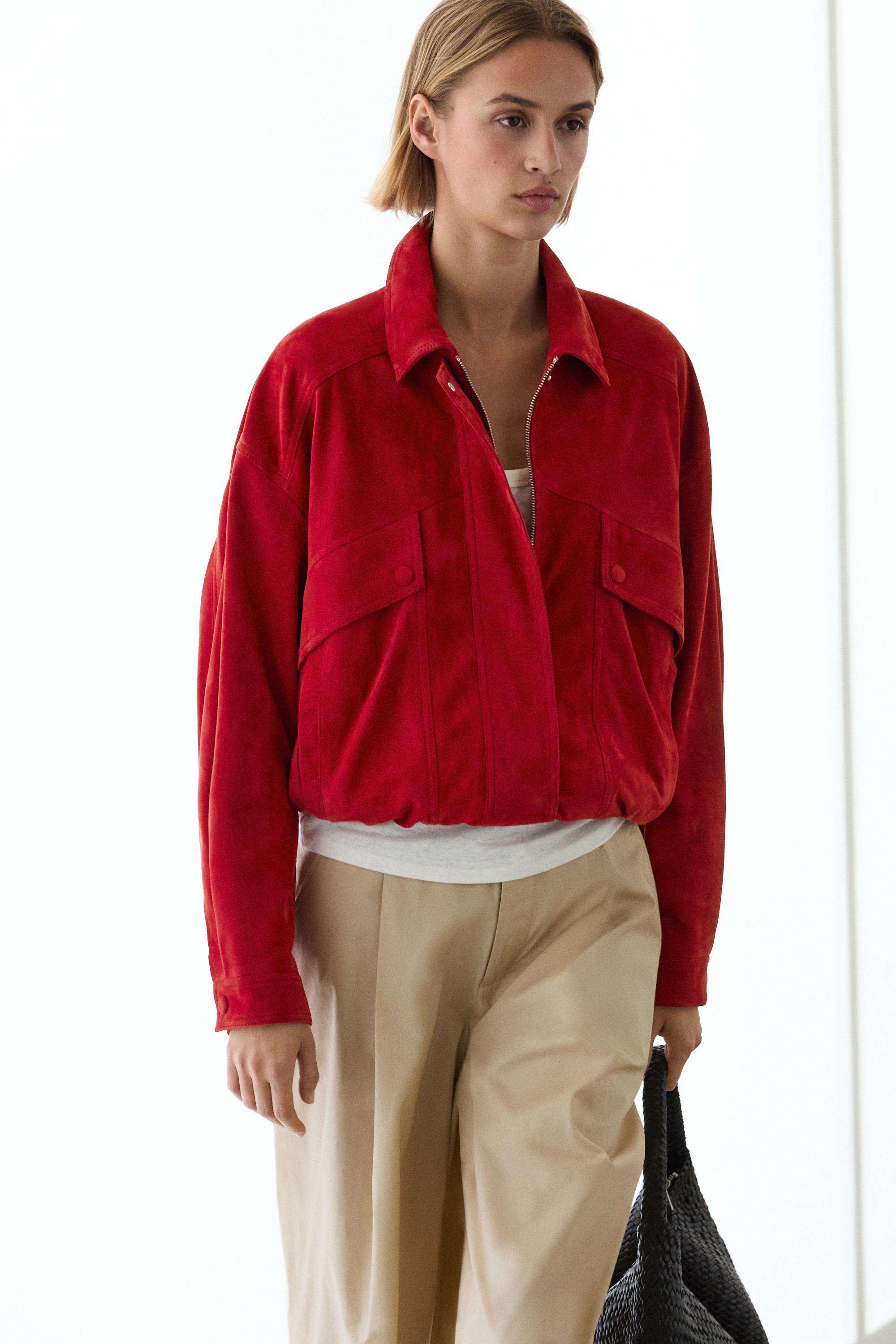 Suede leather bomber jacket with pocket details — RED