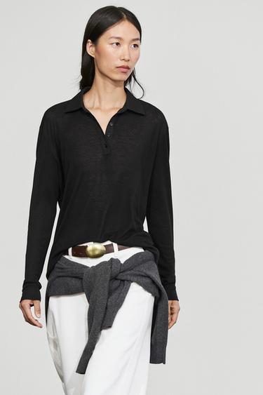 Long sleeve wool polo shirt — BLACK 3