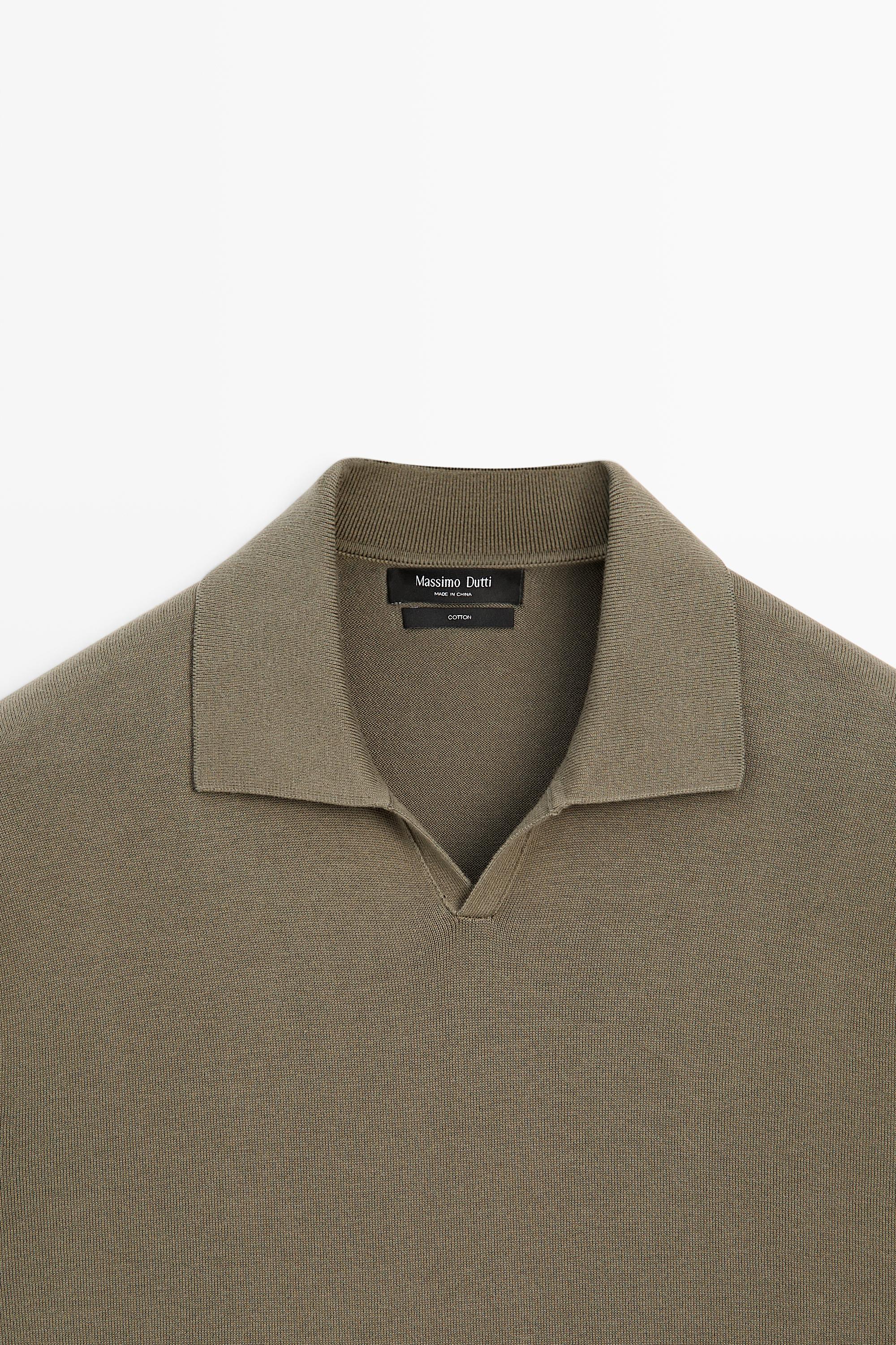 100% cotton V-neck knit polo — Khaki