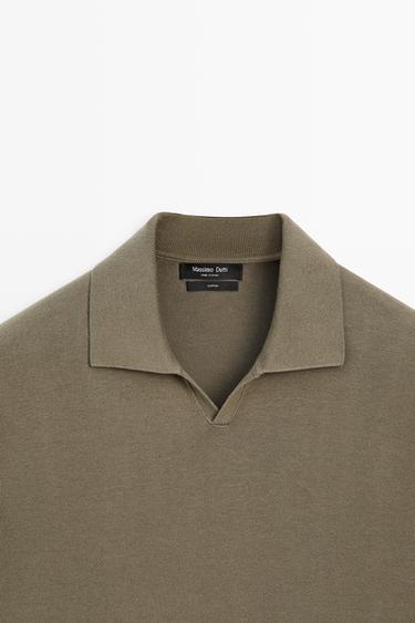 100% cotton V-neck knit polo — Khaki 9