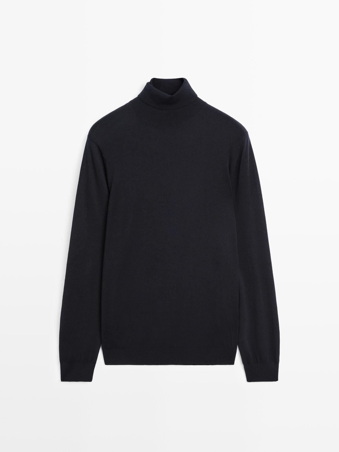 Massimo Dutti - Herre - Strikket Trøje I Uldblanding Med Høj Hals - Marineblå - Xl