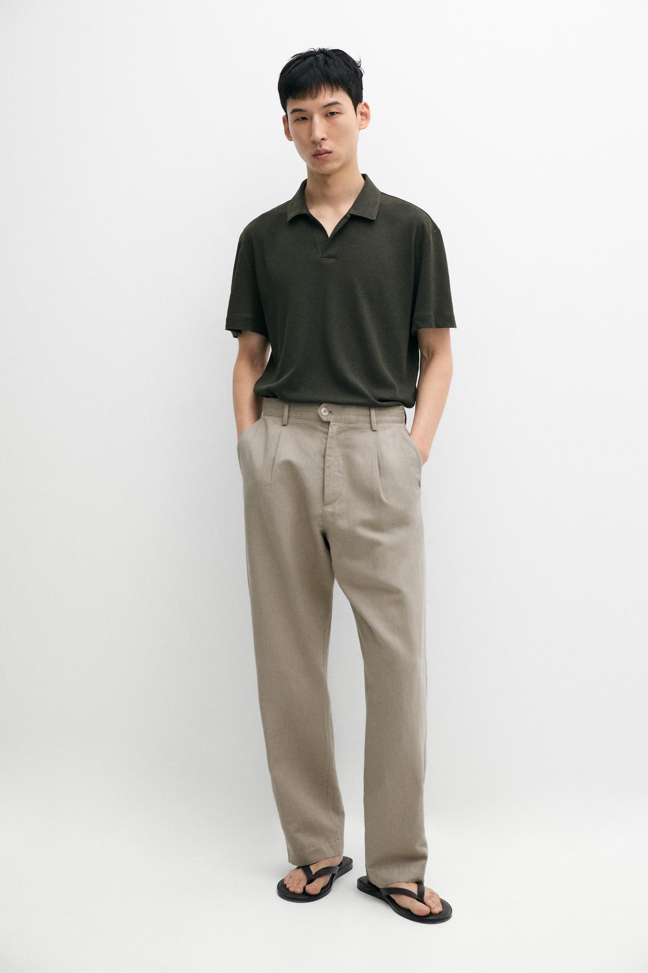Short sleeve linen cotton polo shirt — DARK GREEN