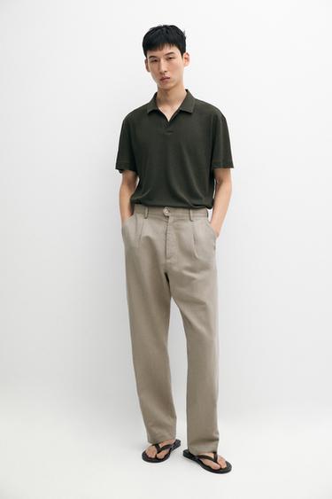Short sleeve linen cotton polo shirt — DARK GREEN 1