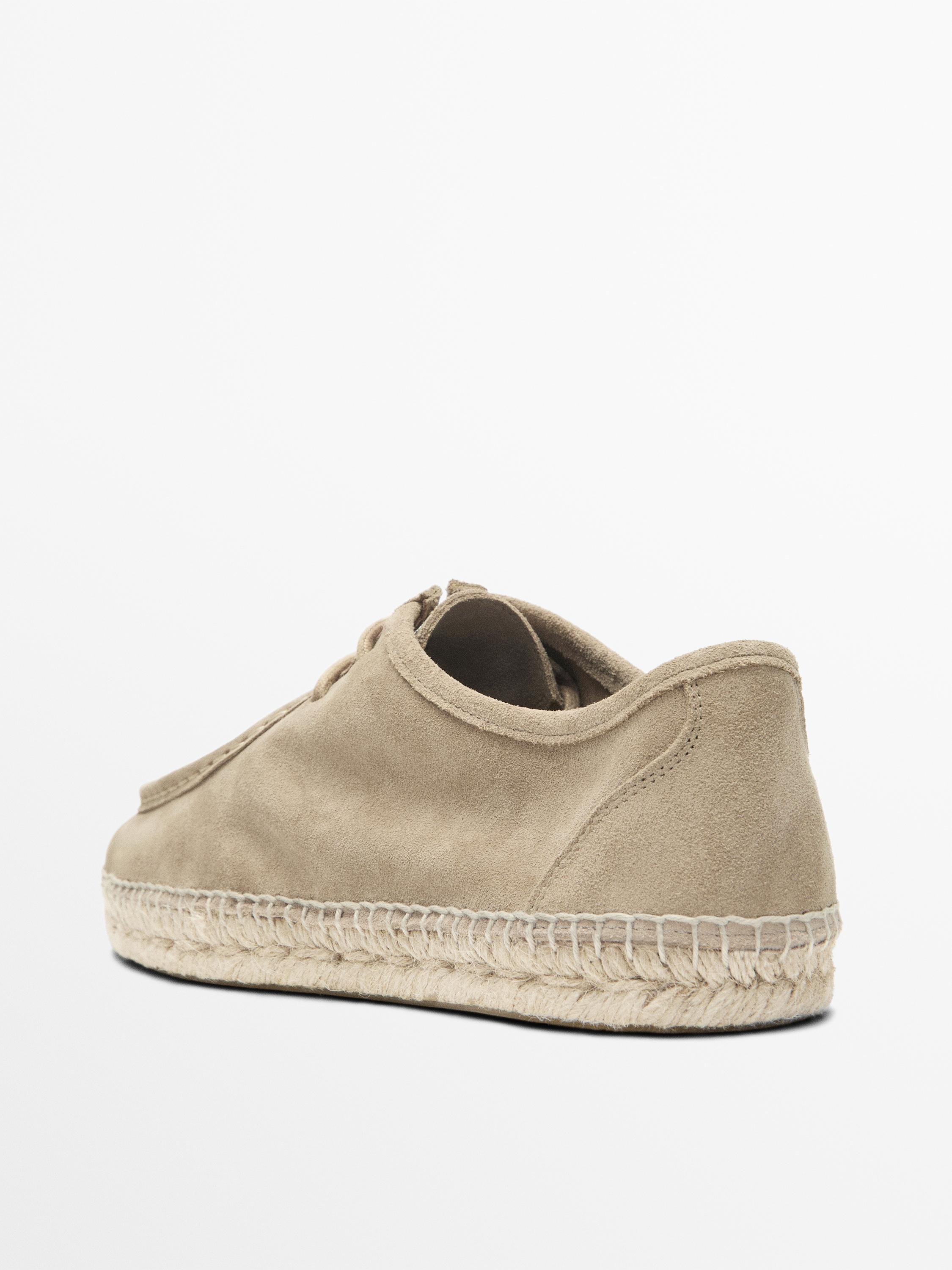 Split leather shoes with moc toe and jute sole — SAND