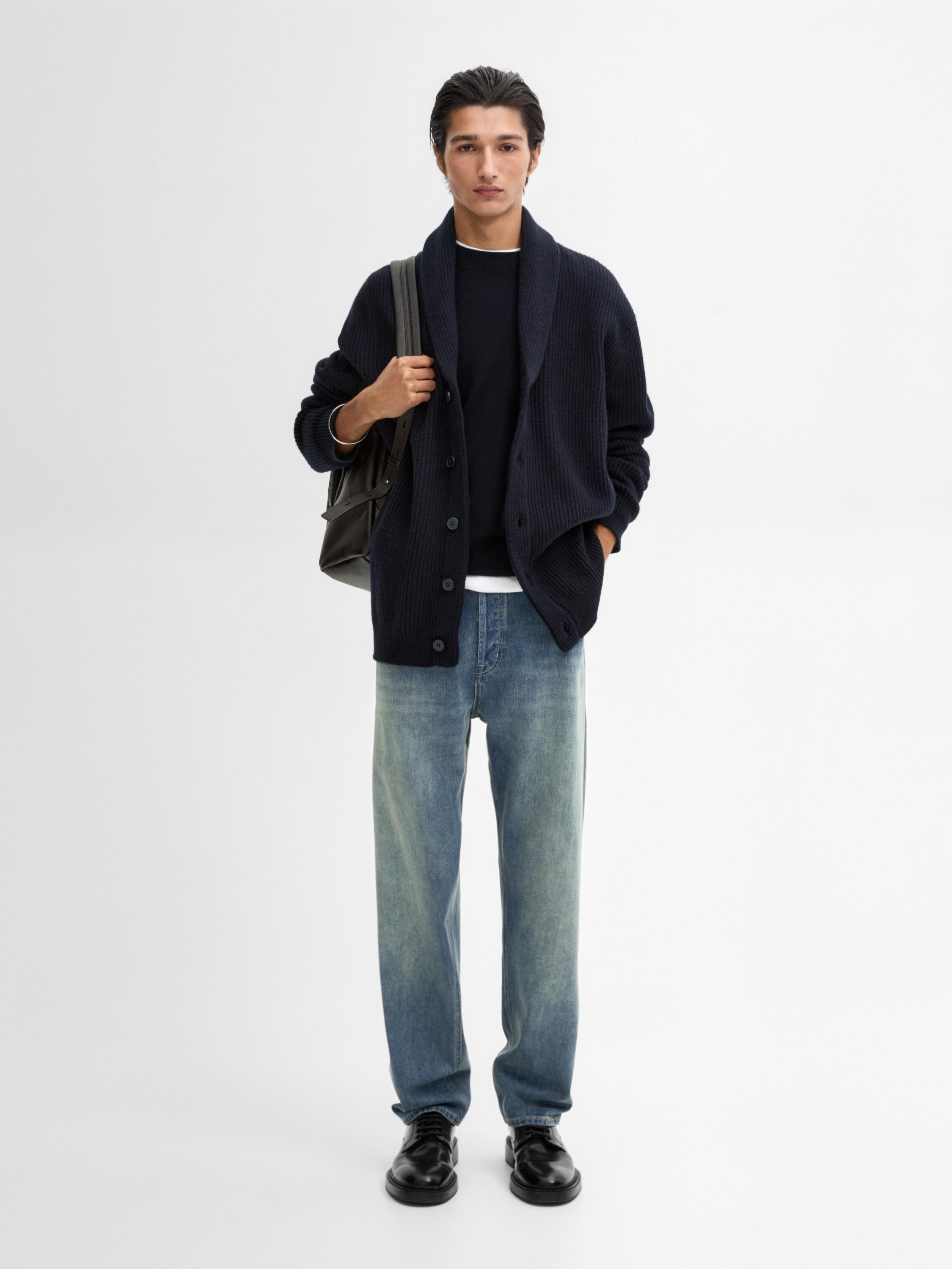 Knit cardigan with shawl neck · Navy Blue, Grey · Sweaters And Cardigans | Massimo Dutti