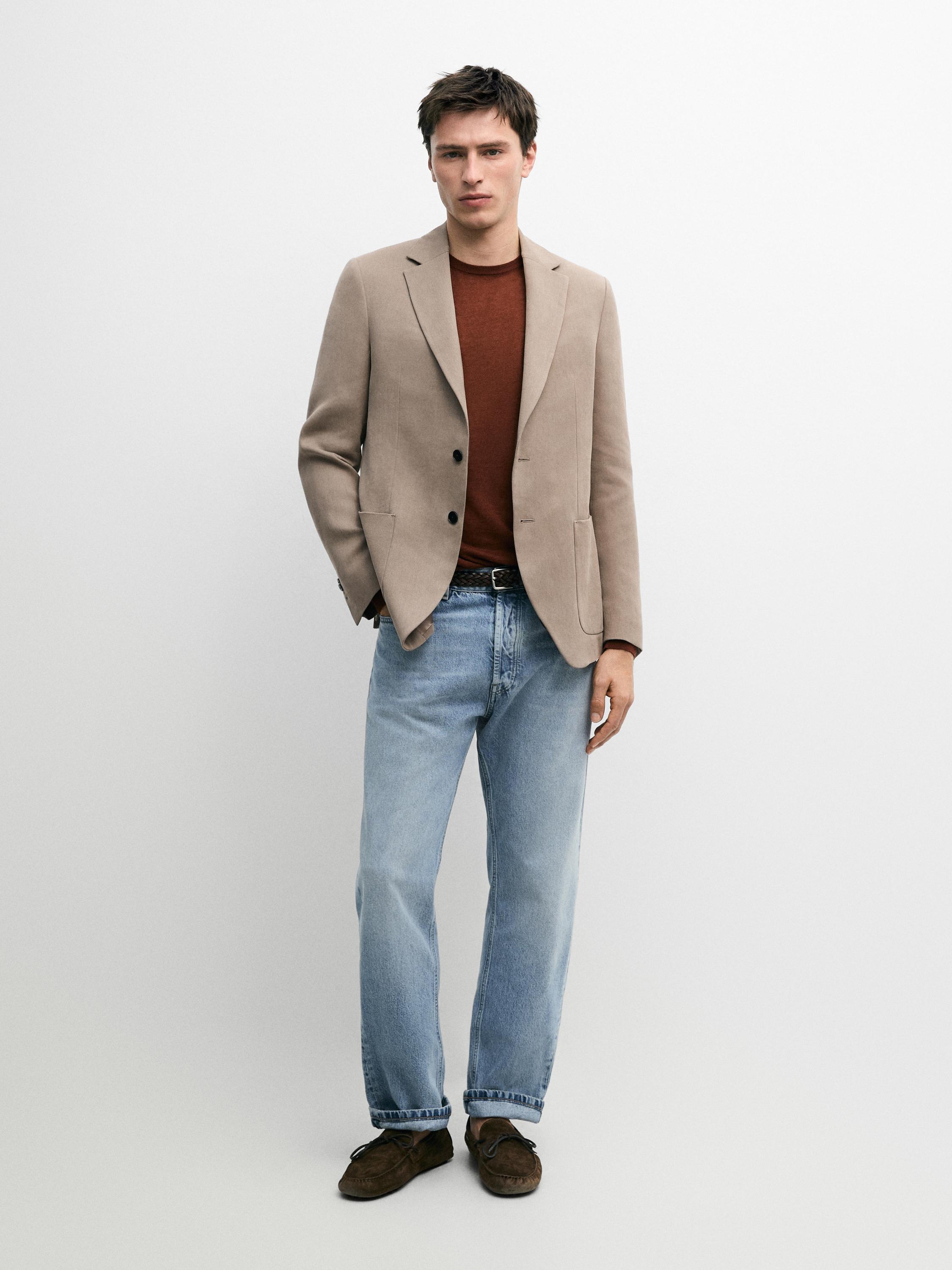 100% linen tailored blazer with pocket details — BEIGE