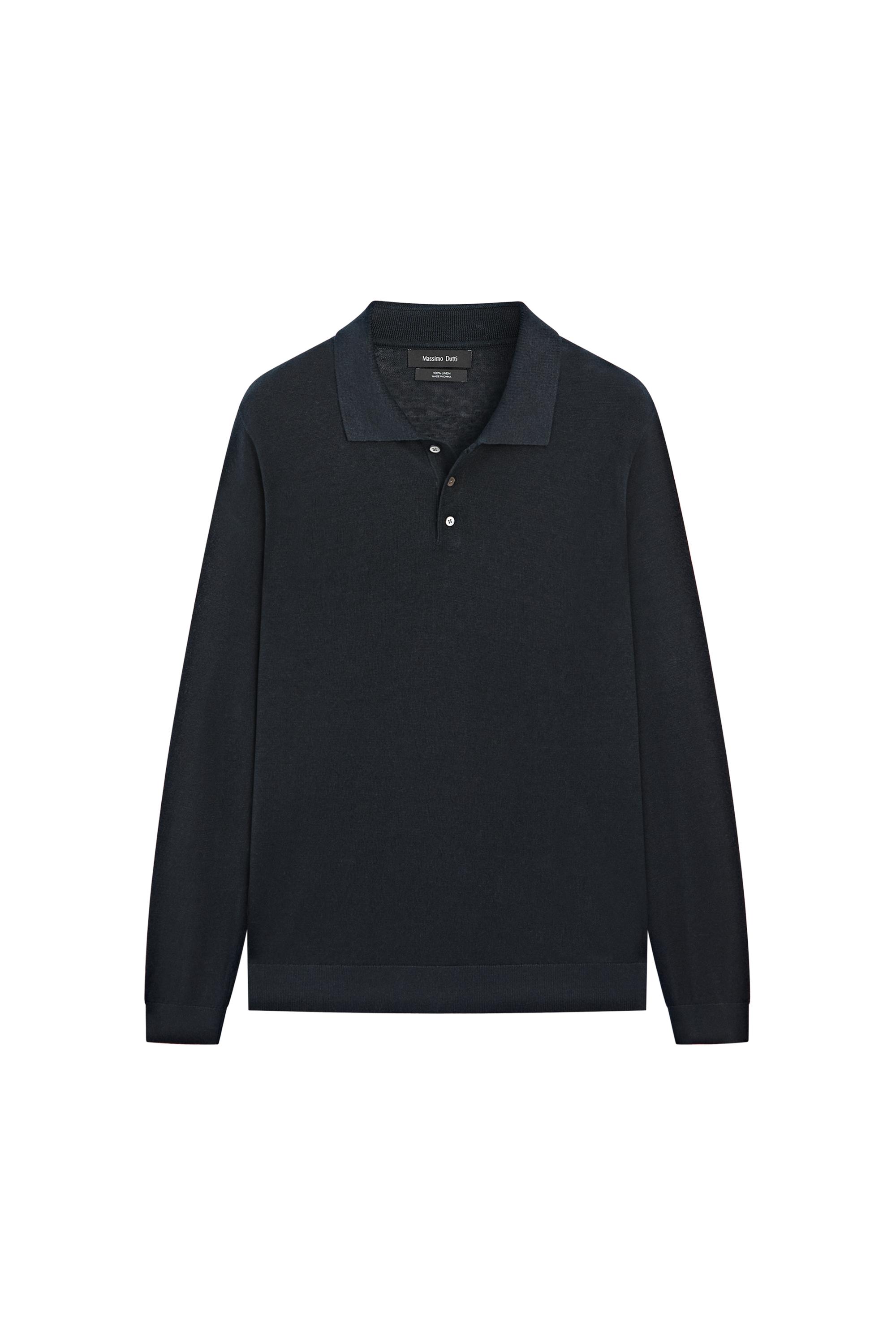 100% linen knit polo collar sweater — NAVY BLUE