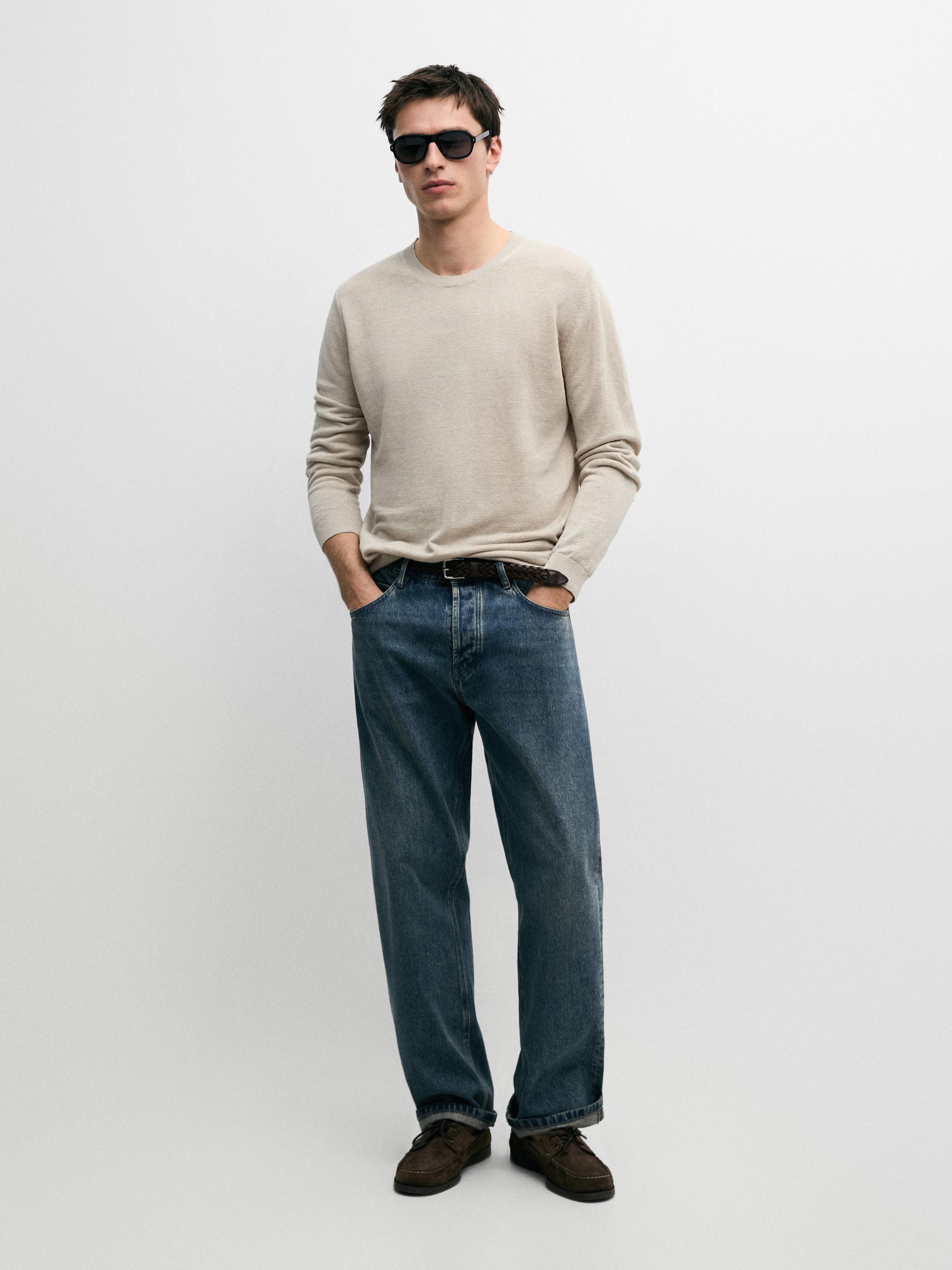 100% linen knit crew neck sweater — BEIGE