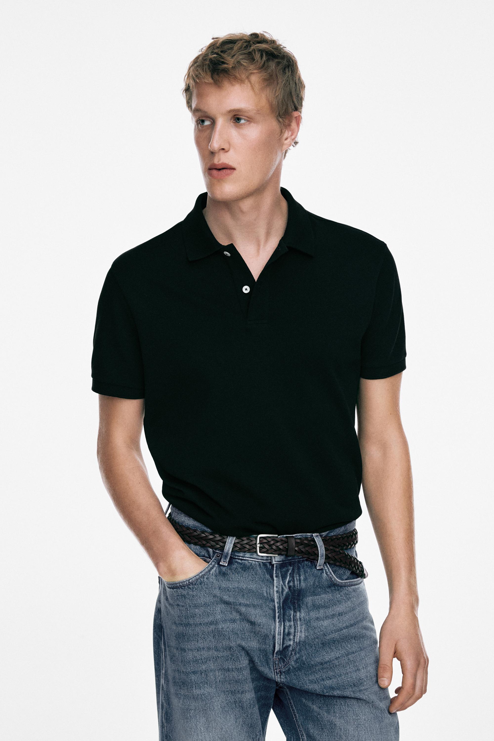 Micro-textured cotton piqué polo shirt — BLACK