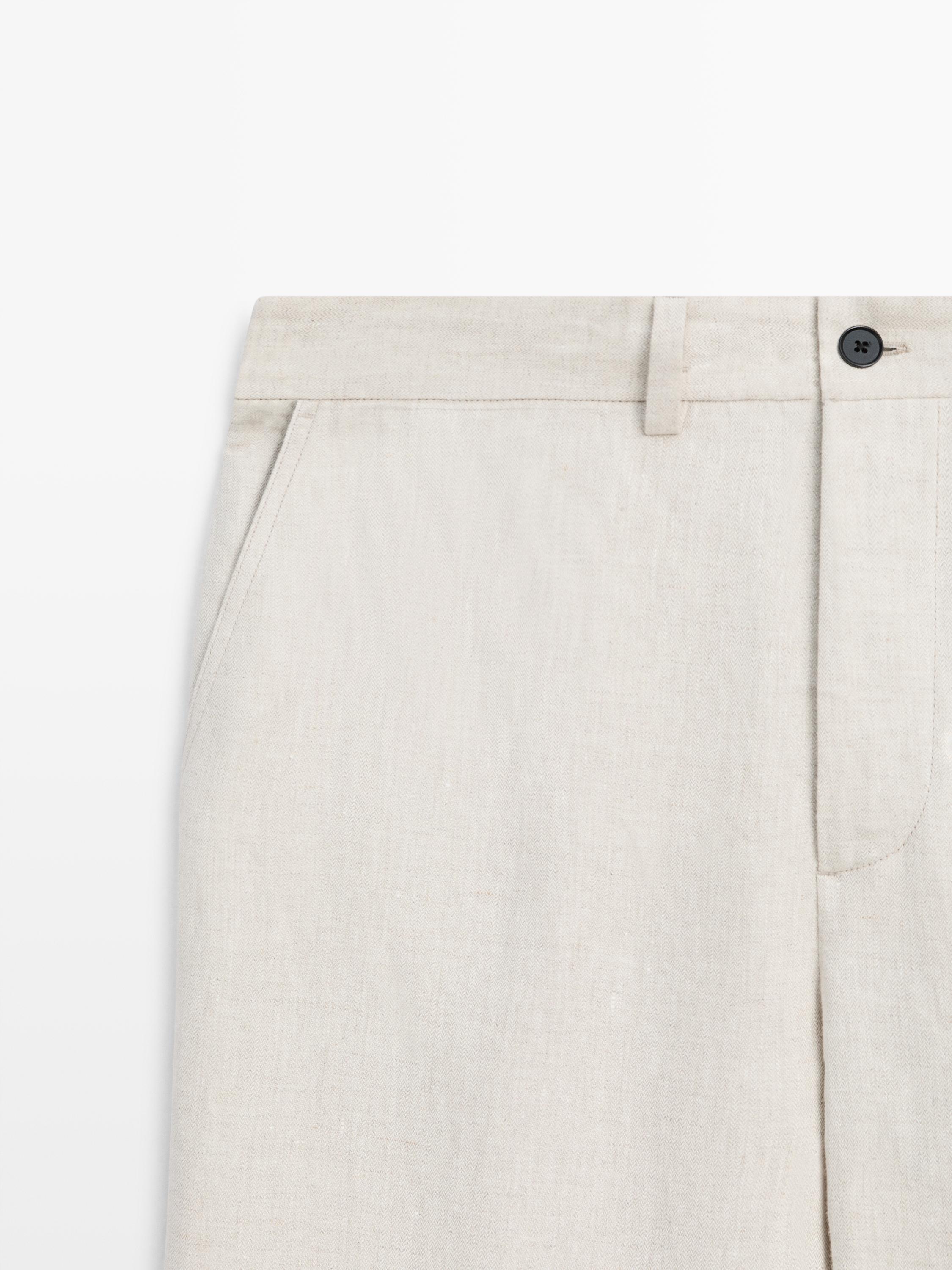 Lightweight linen trousers with herringbone detail — BEIGE