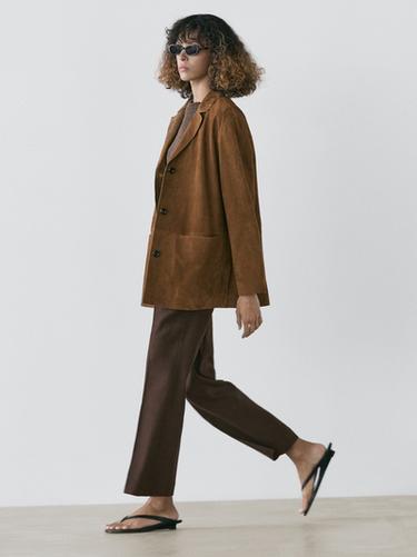 100% suede leather blazer with lapel collar — BROWN 8