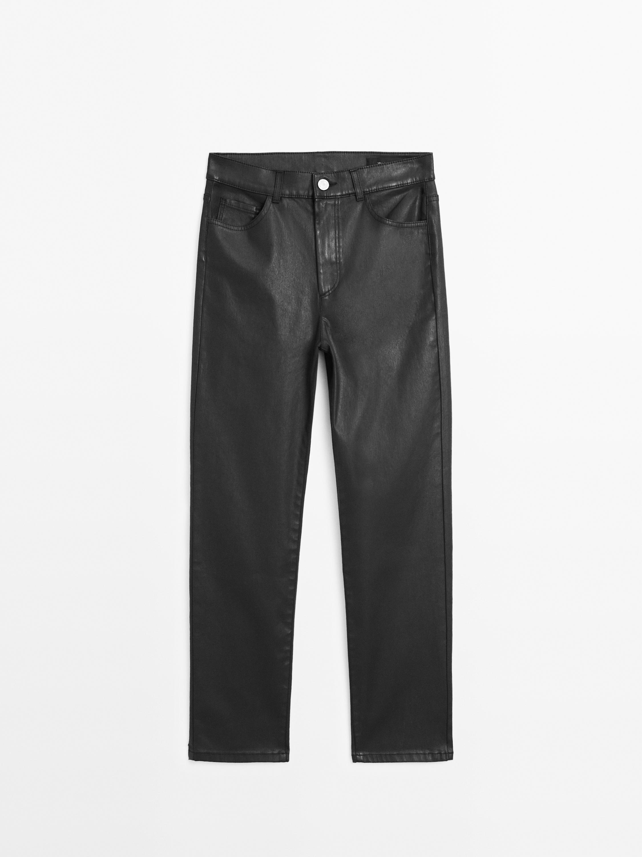 High-waist straight-leg waxed trousers — BLACK
