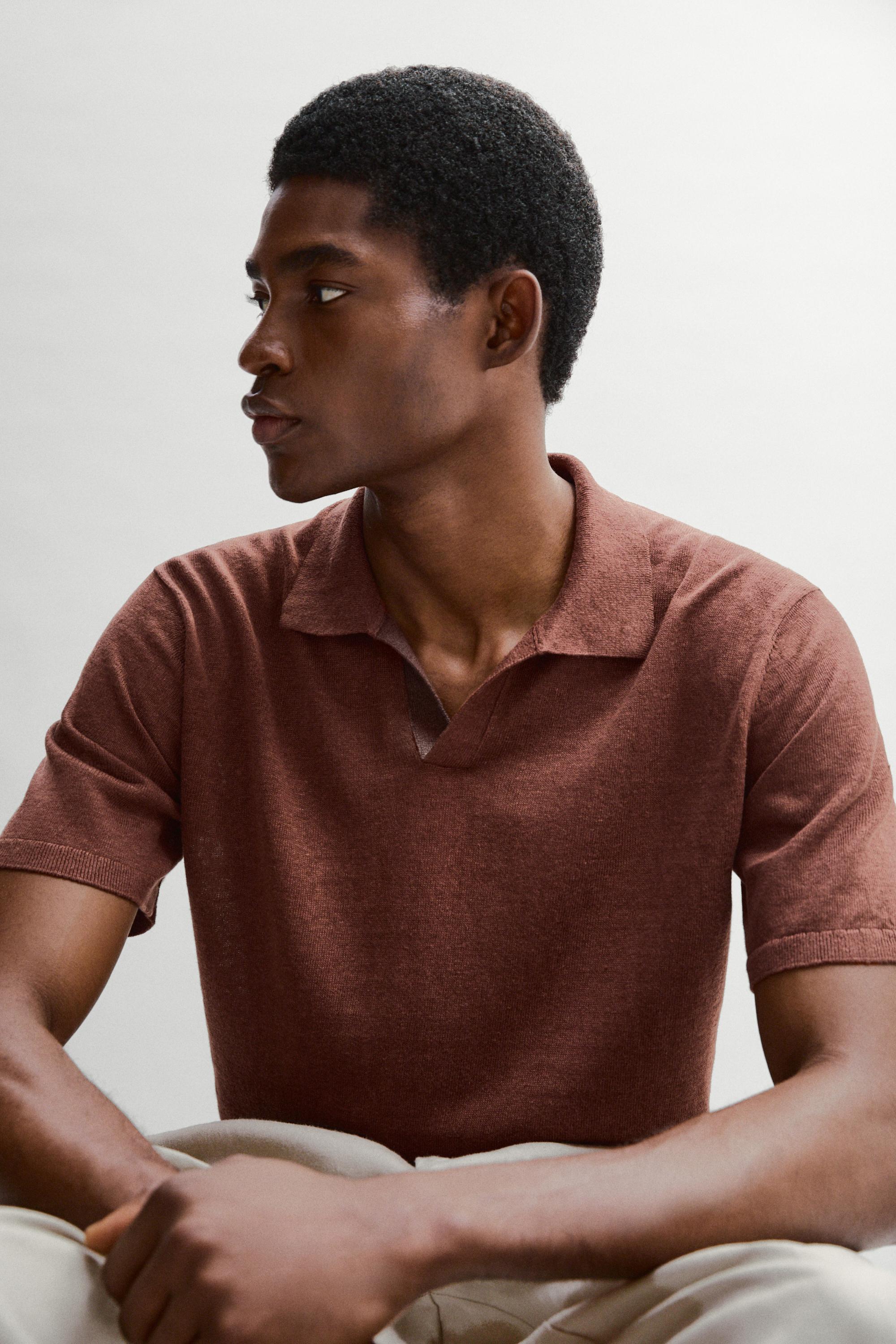 Linen V-neck polo sweater — COPPER