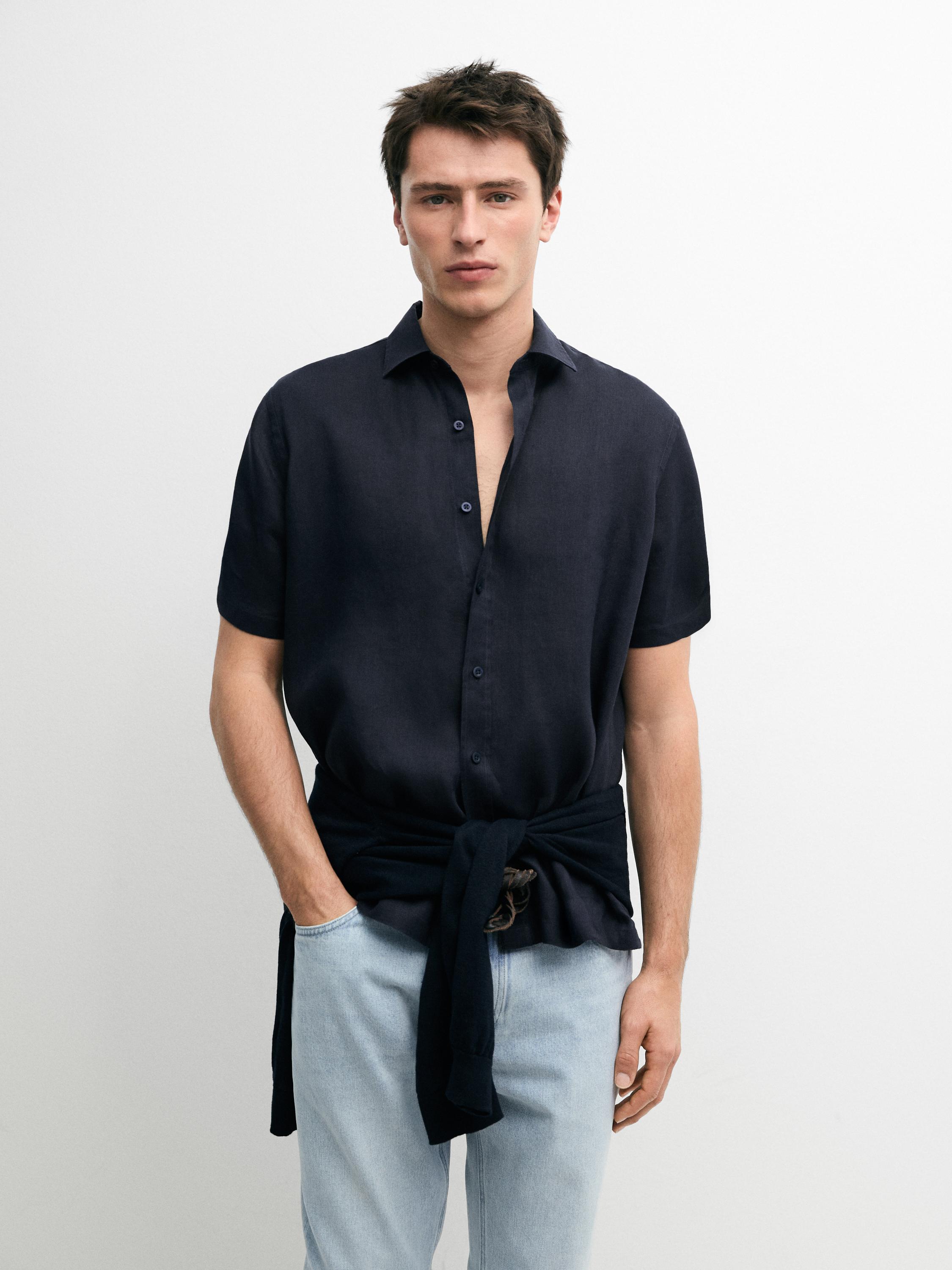 100% linen regular fit short sleeve shirt — NAVY BLUE