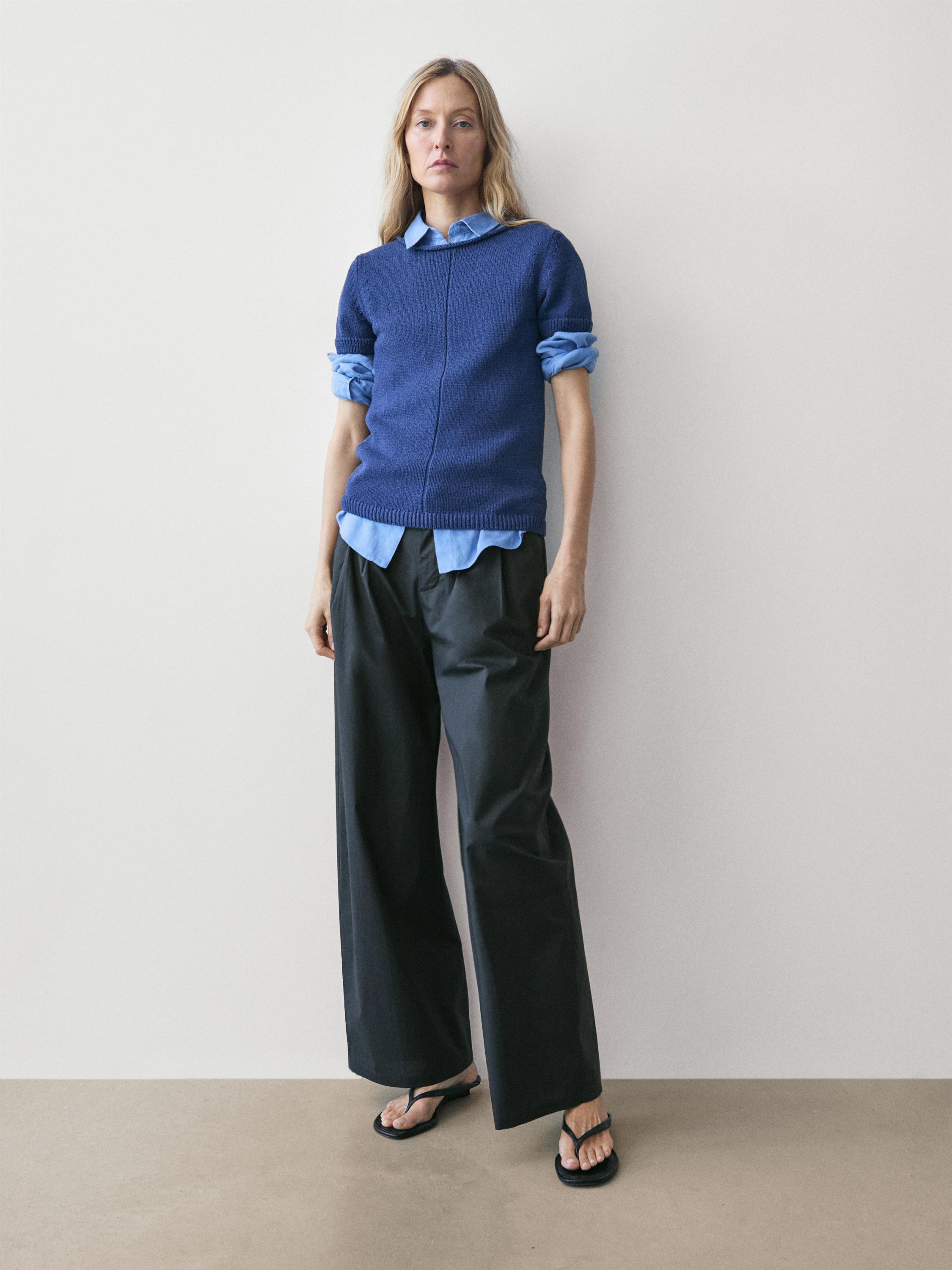 Short sleeve knit cotton blend sweater — DEEP BLUE