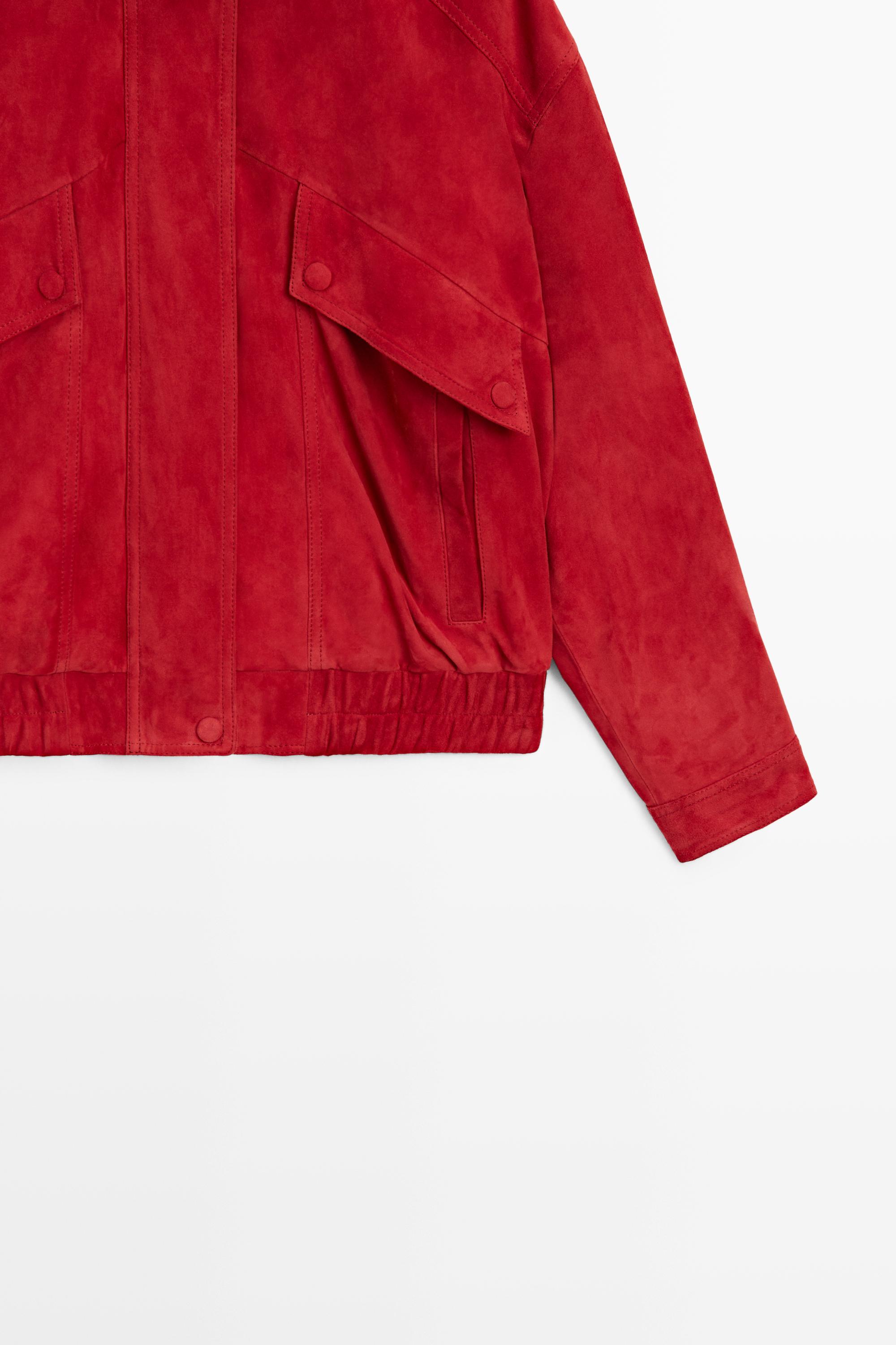 Suede leather bomber jacket with pocket details — RED