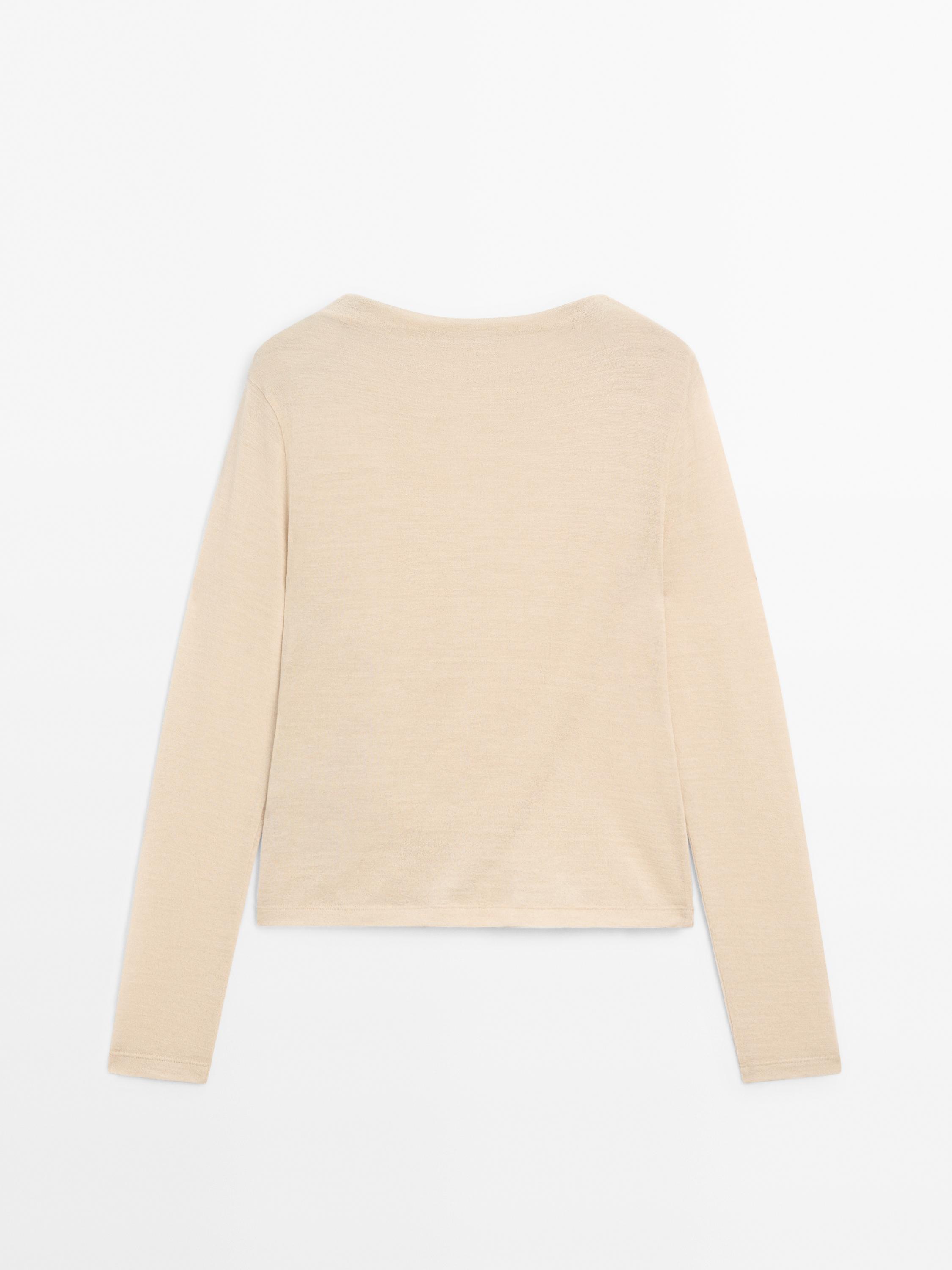 Wool blend knit T-shirt with gathered detail