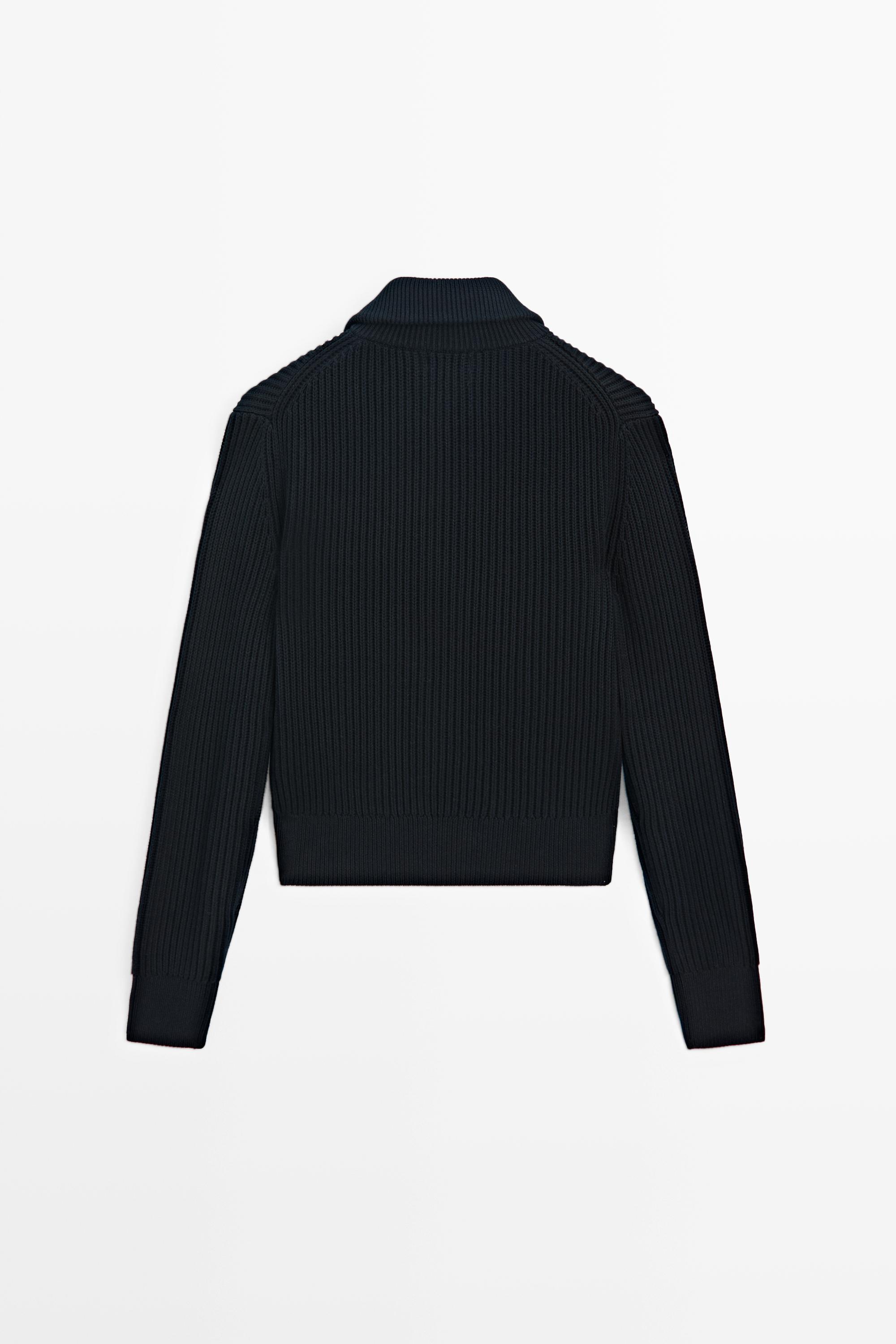 100% cotton knit cardigan with high neck detail — NAVY BLUE