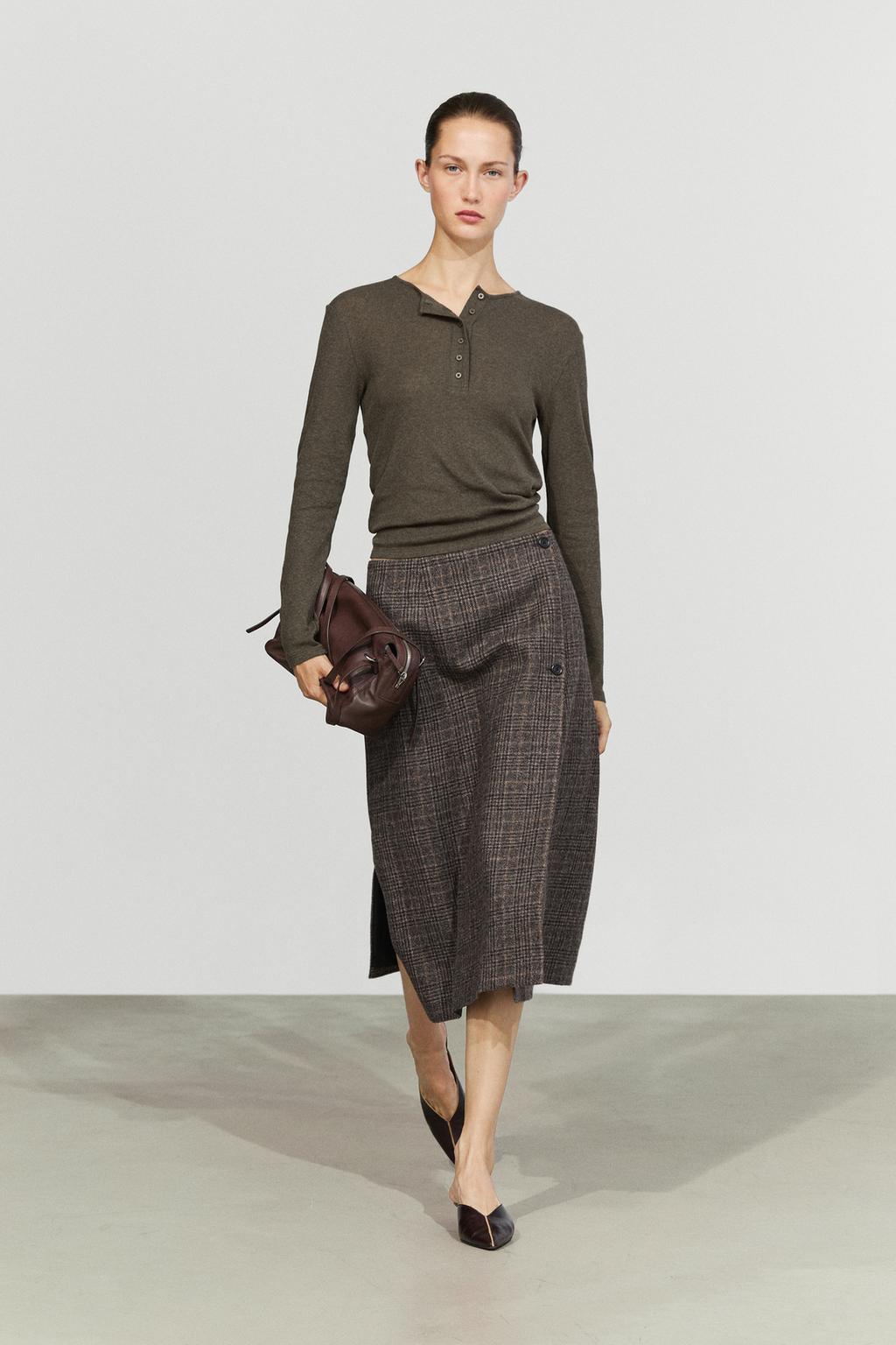 Massimo Dutti Düymə detallı bükmə midi yubka