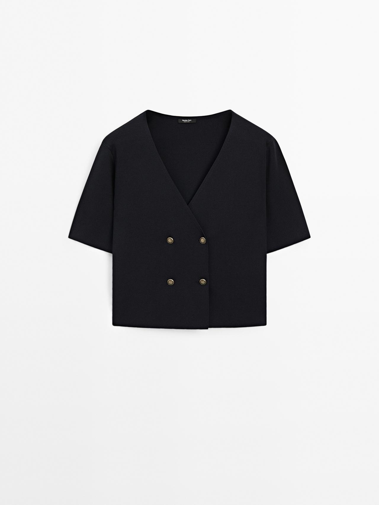 Massimo Dutti - Dame - Kortærmet Cardigan Med V-Udskæring - Marineblå - S