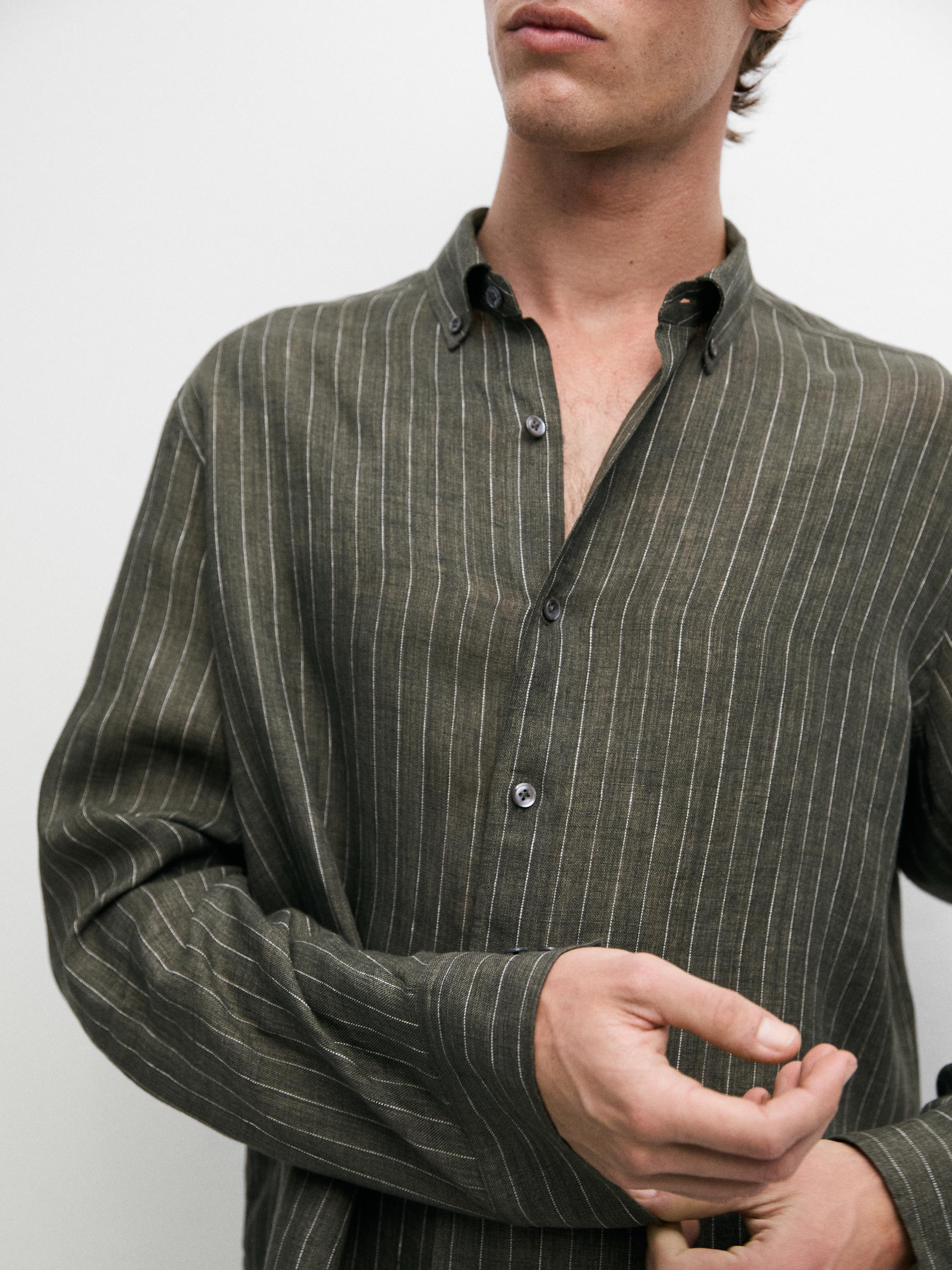 100% linen regular fit striped flowing shirt — GREEN MARL