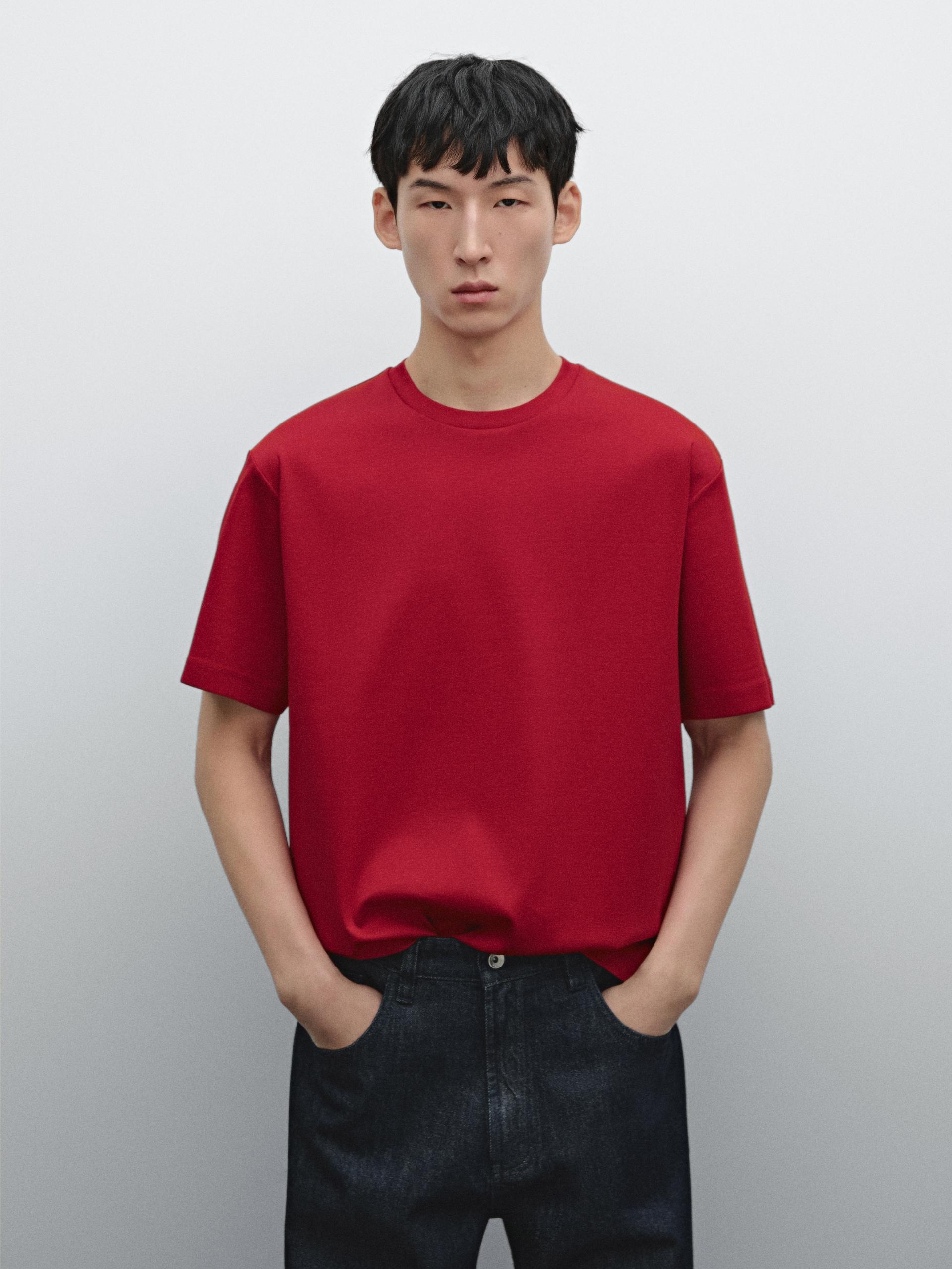 Maglietta Con Dettaglio A Coste 100% Cotone - Rosso - L - Massimo Dutti - Maschile