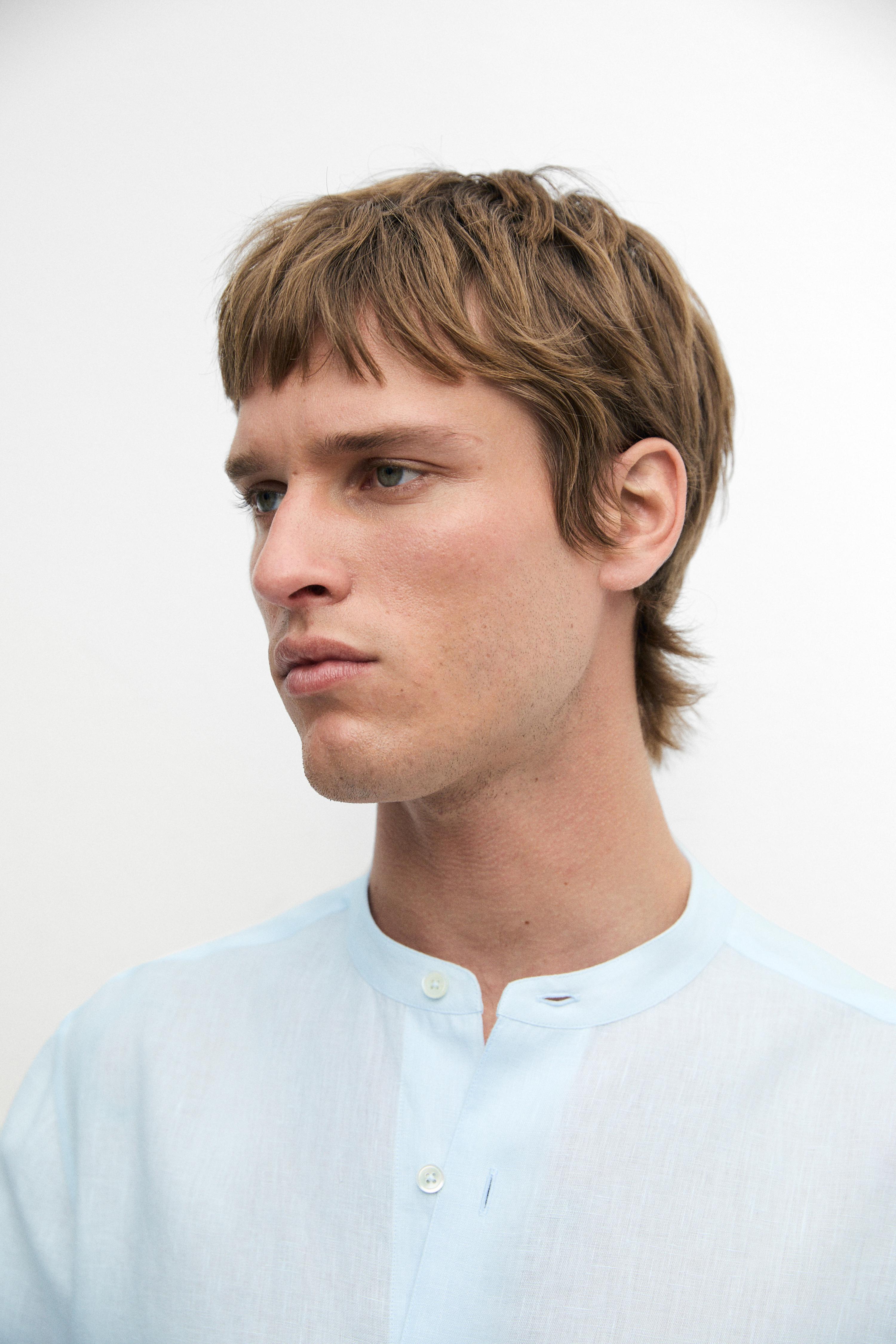 100% linen regular fit stand collar shirt — Sky blue