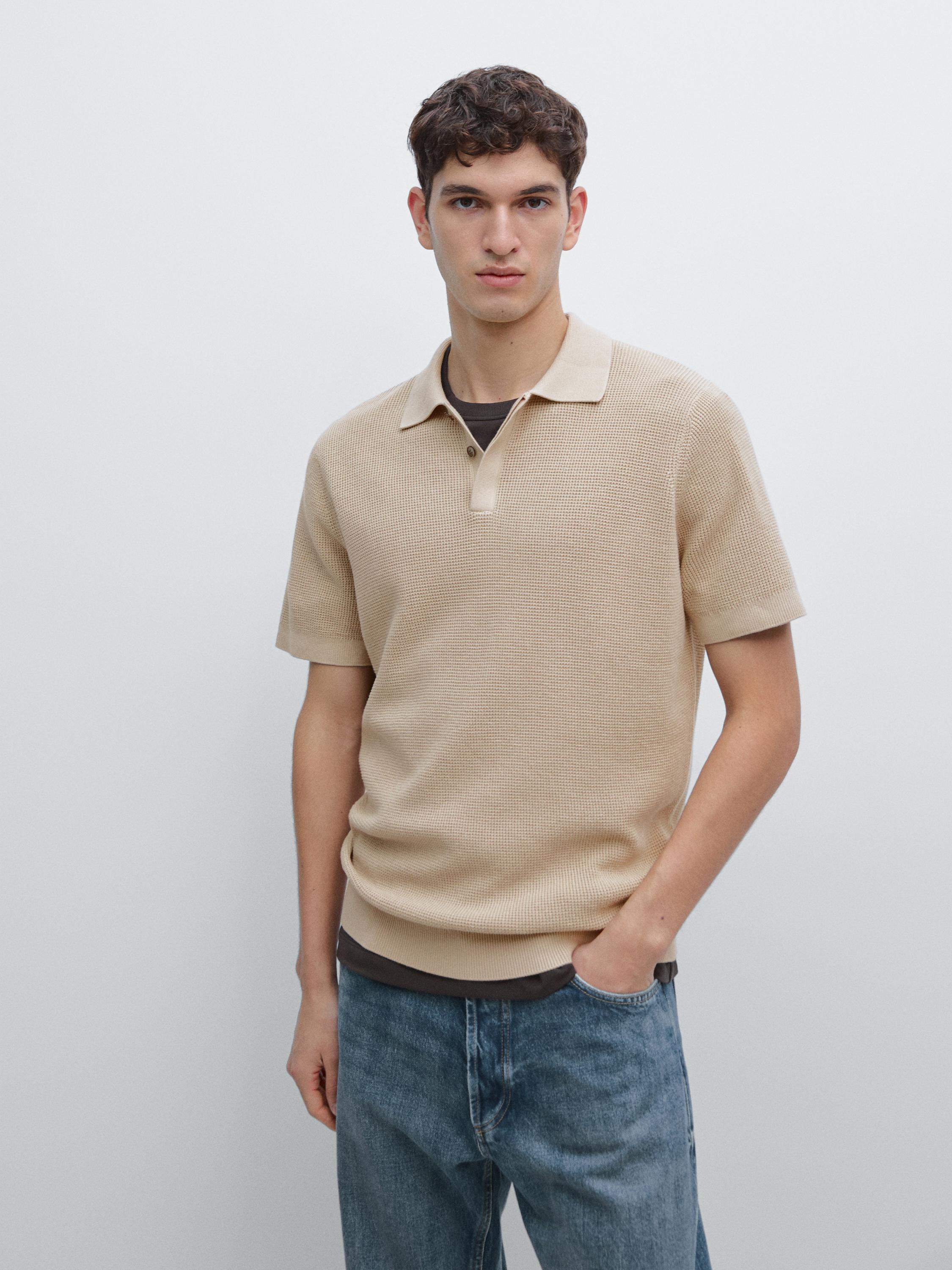 Textured cotton knit polo shirt — RUST