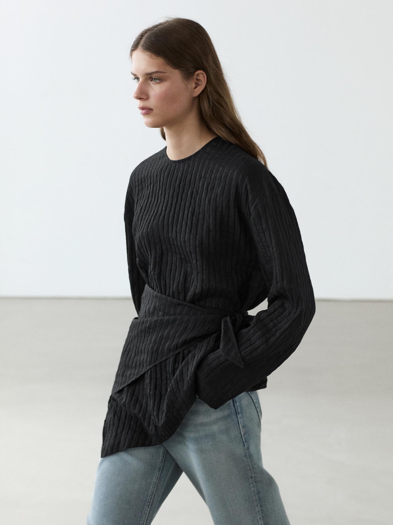 Striped flowing shirt with scarf detail — BLACK