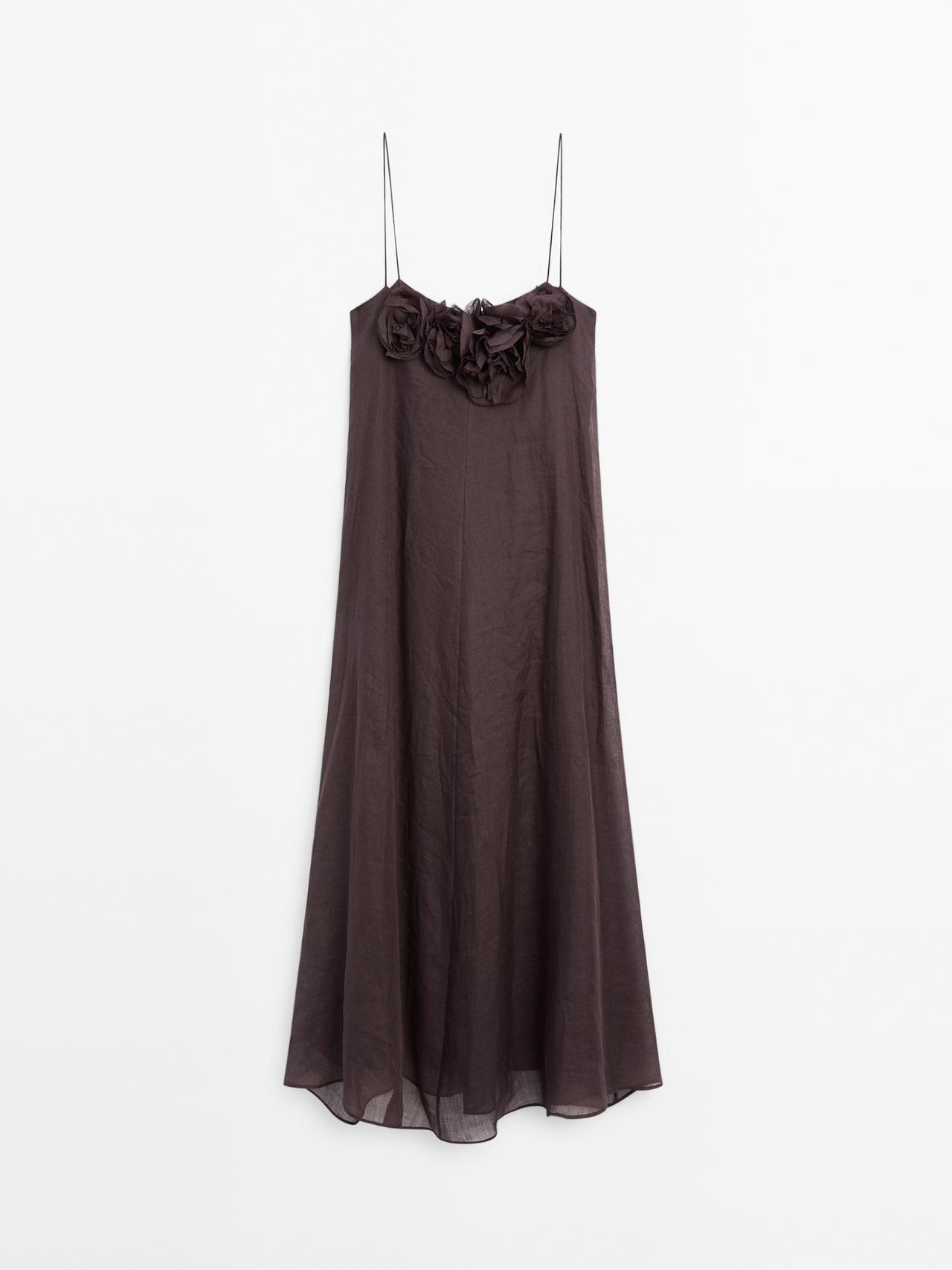 Massimo Dutti - Dame - Lang Kjole I Ramie Med Blomster – Studio - Brun - Xs