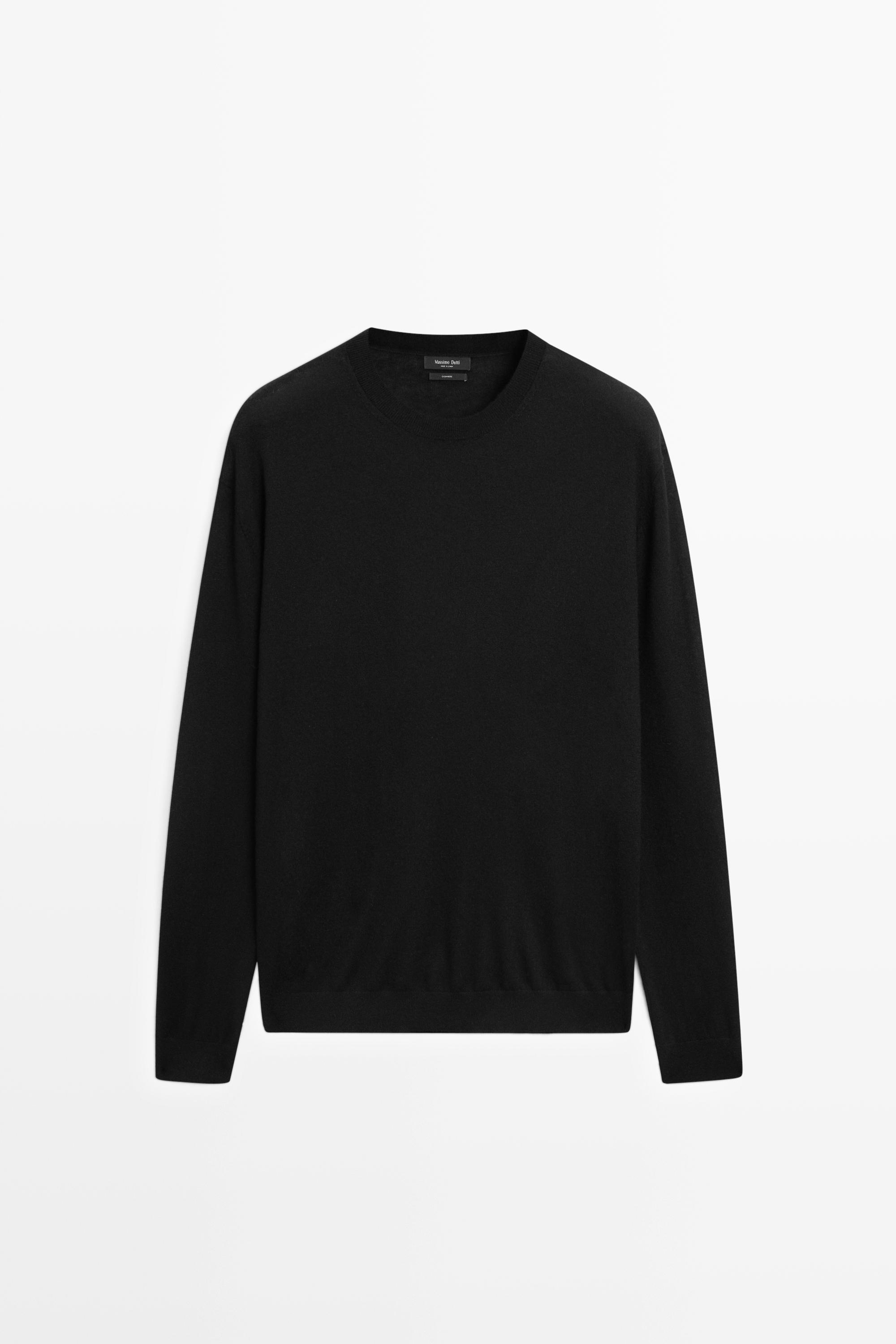 Knit 100% cashmere round neck sweater — BLACK