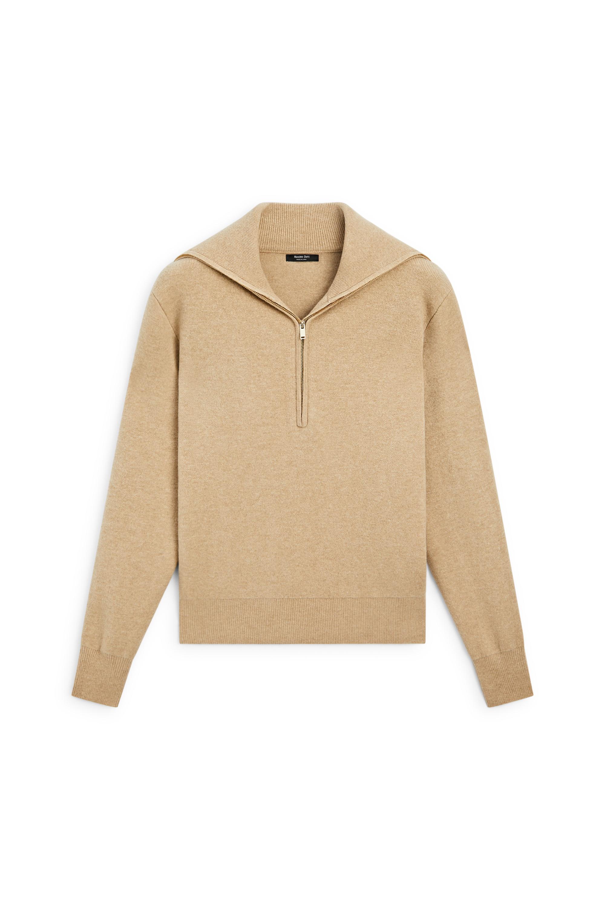 Wide collar zip-up knit sweater — CAMEL