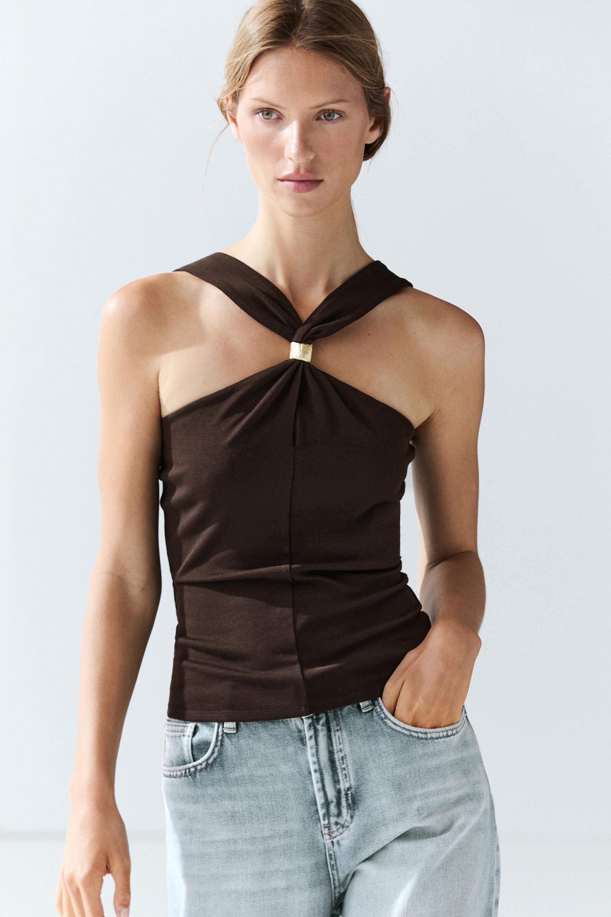 Halter top with jewel straps — BROWN