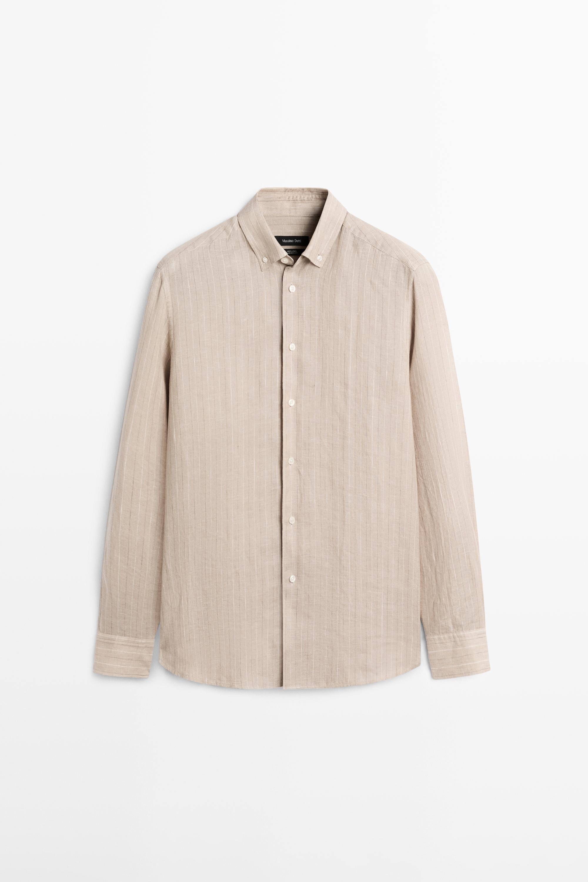 100% linen striped slim fit shirt — CAMEL
