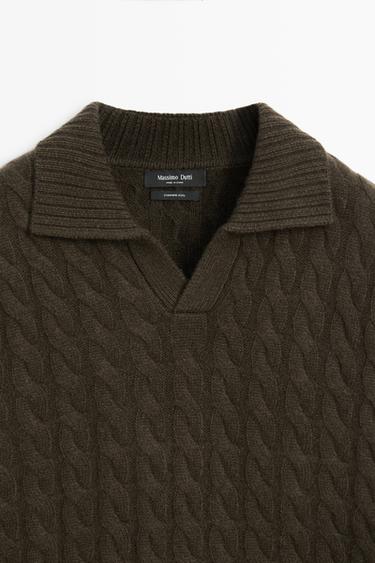 Cable-knit cashmere polo sweater — GREEN 9