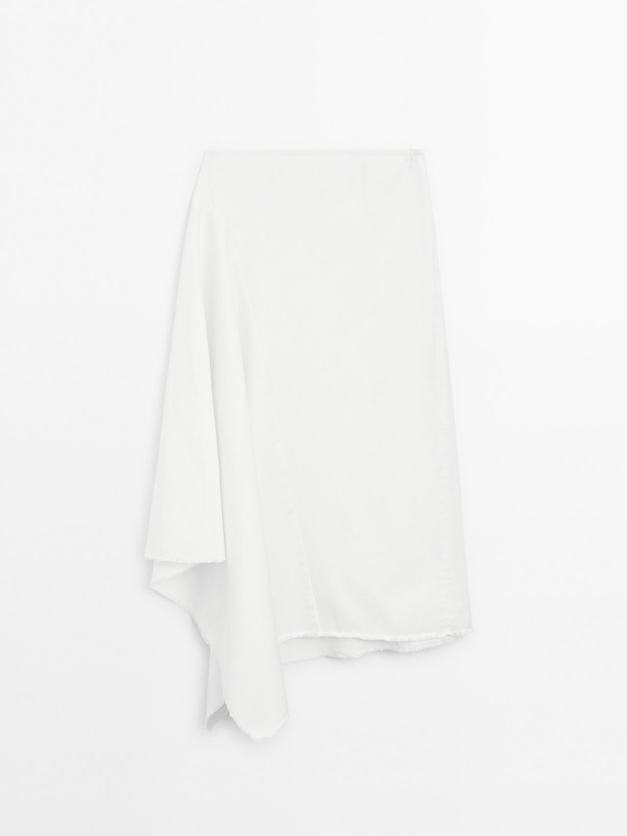 Massimo Dutti - Dame - Asymmetrisk Midinederdel I Denim - Råhvid - M