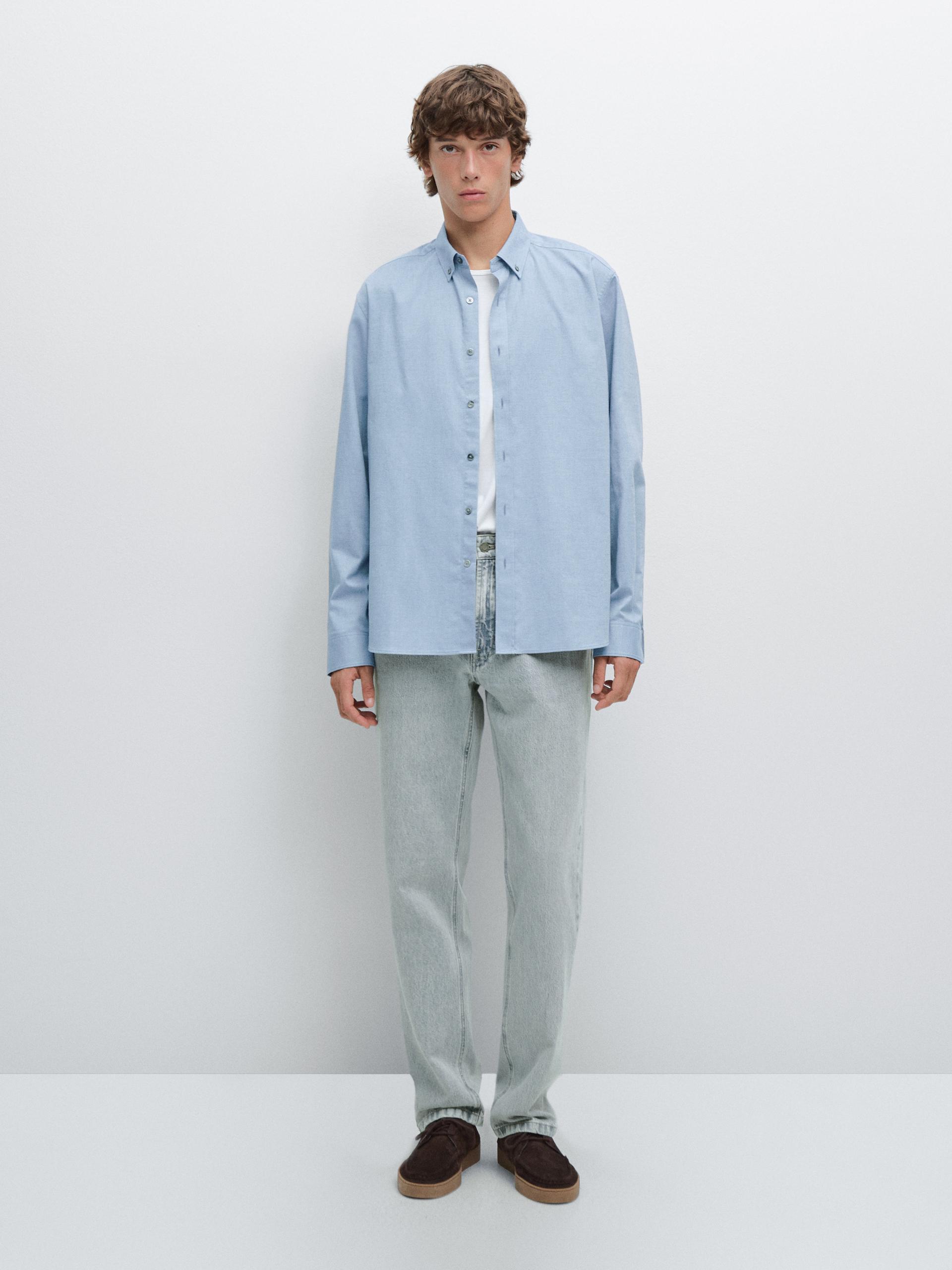 Camisa Em Mélange Suave Regular Fit - Azul - Xxl - Massimo Dutti - Homem