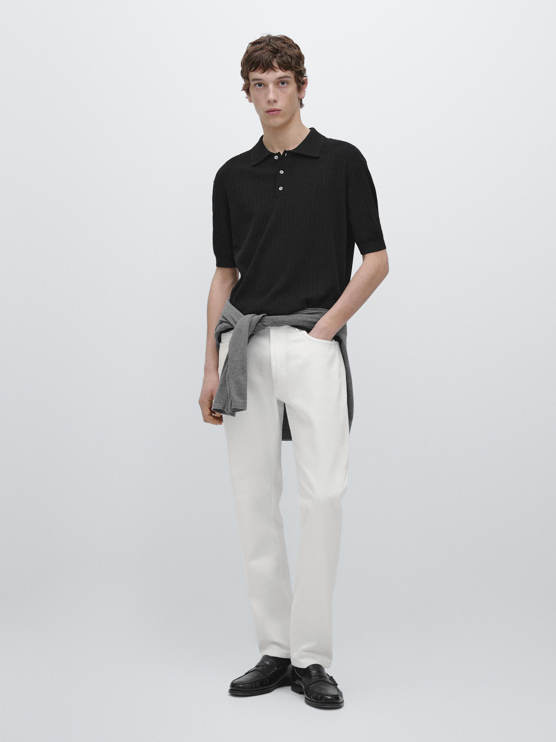 Ribbed knit cotton polo shirt — BLACK