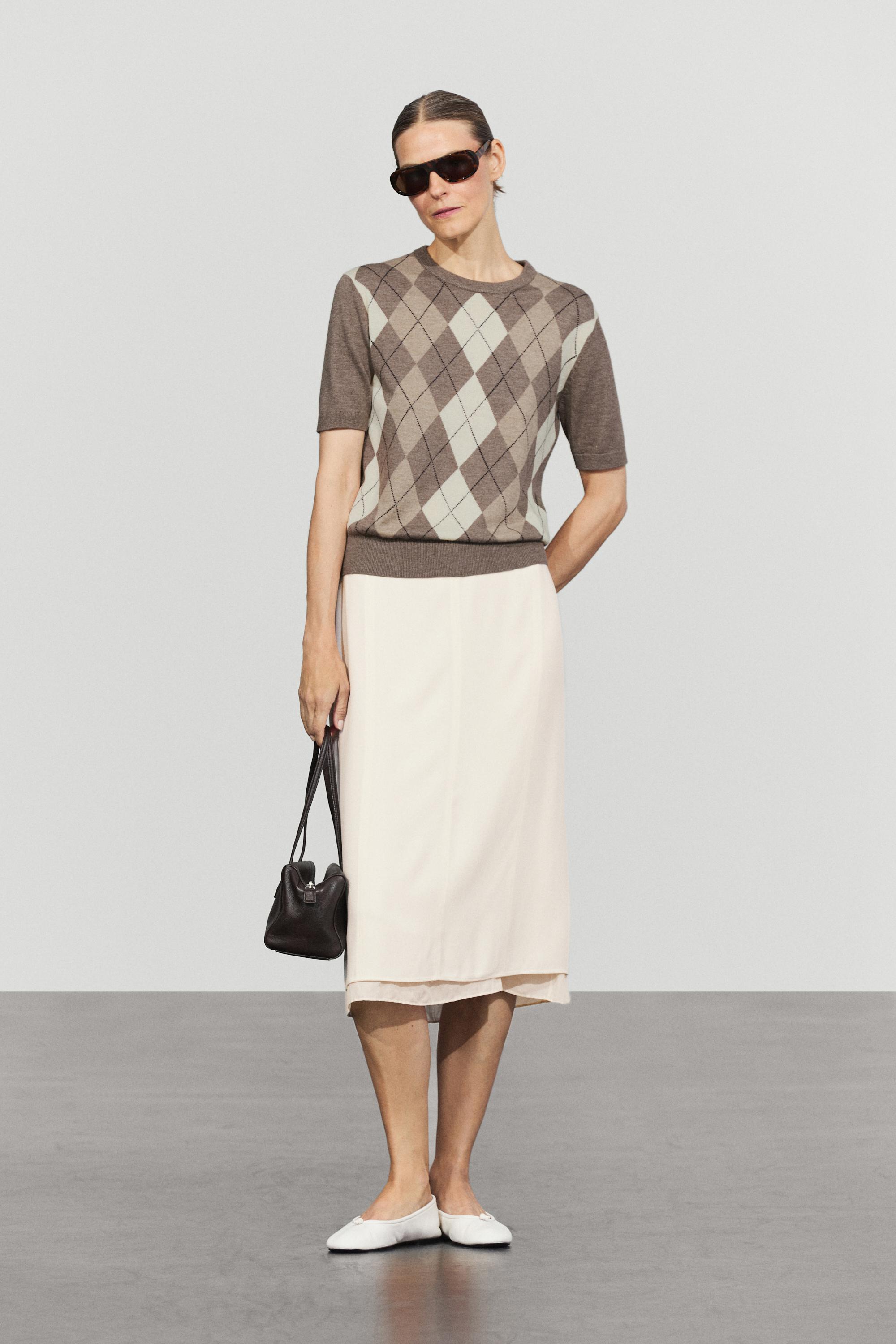 Short sleeve diamond-pattern sweater — TAUPE GREY