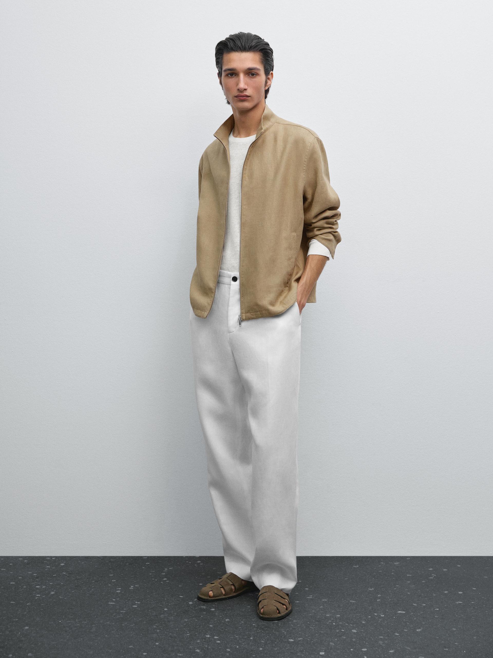Veste Bomber 100 % Lin - Brun Vigoré - M - Massimo Dutti - Homme