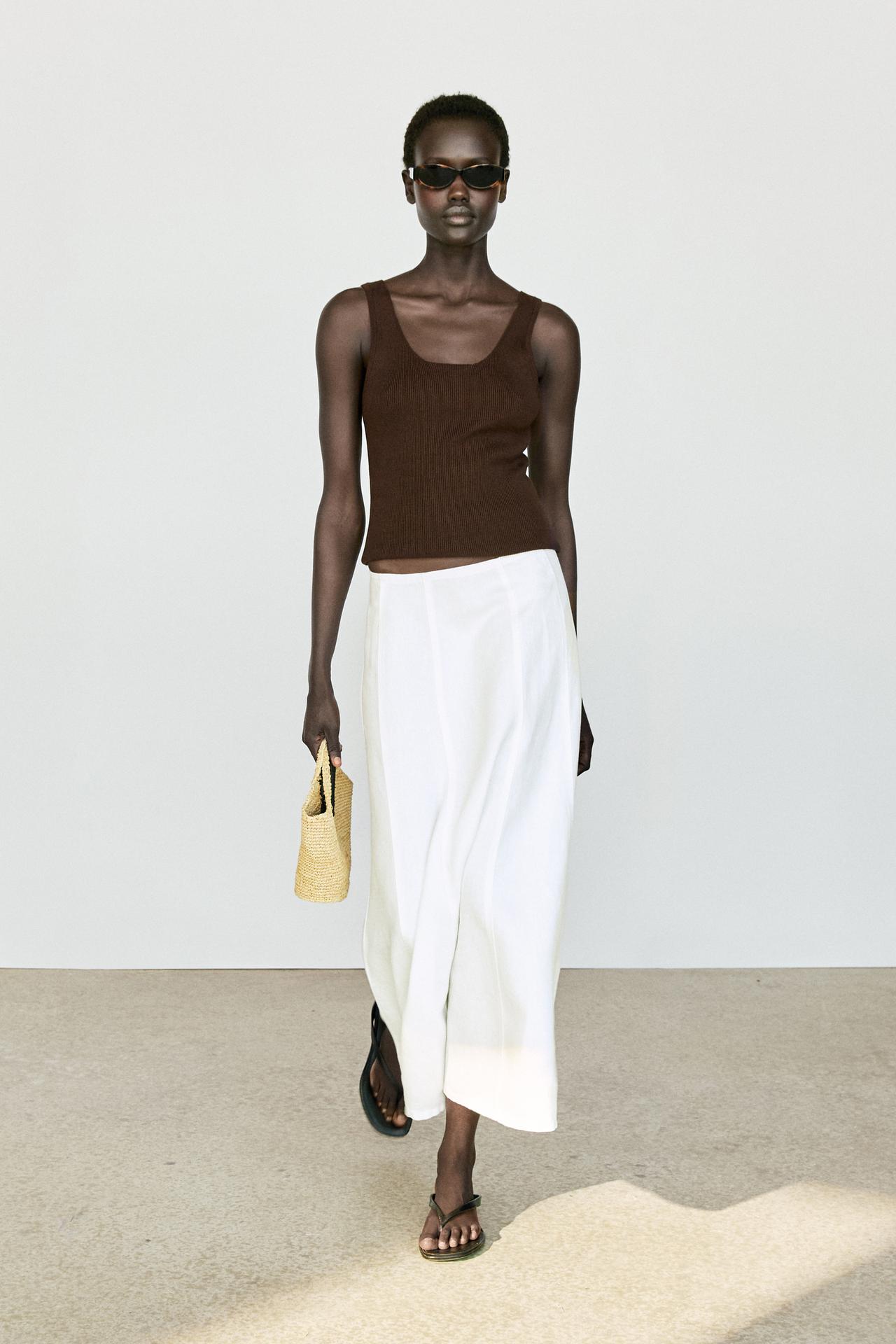 100% linen denim-effect midi skirt — Off white