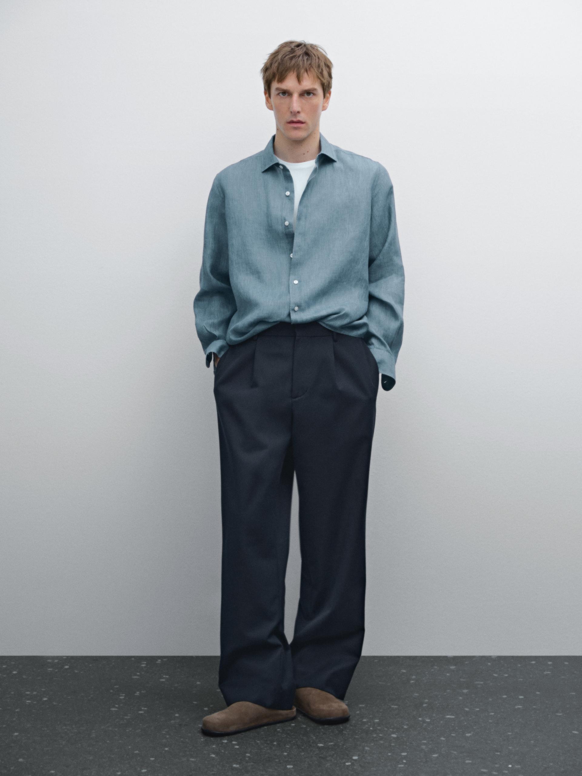 Chemise Légère Regular Fit 100 % Lin - Bleu - M - Massimo Dutti - Homme